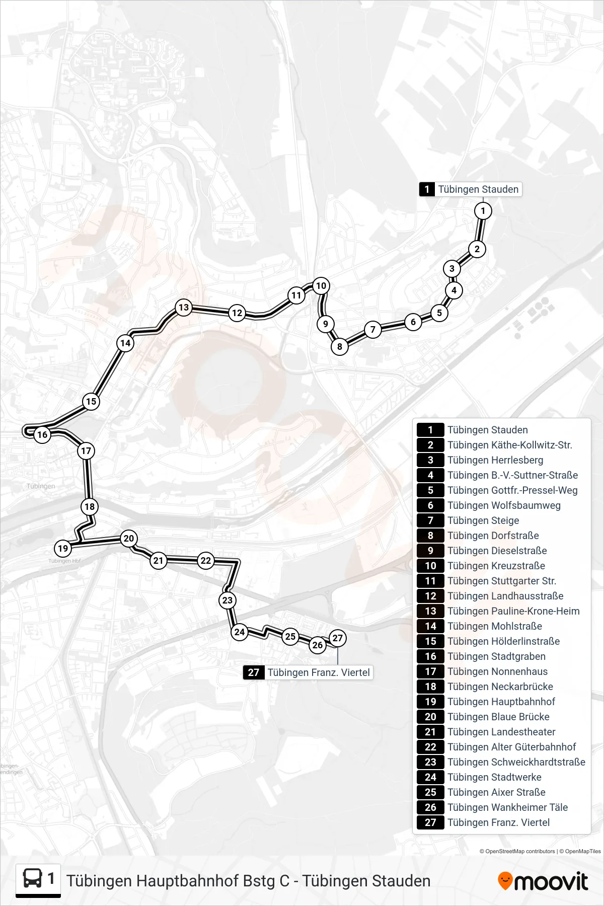 Linie 1 (Bus) Richtung Tübingen Franz. Viertel: Route und Haltestellen auf der Karte