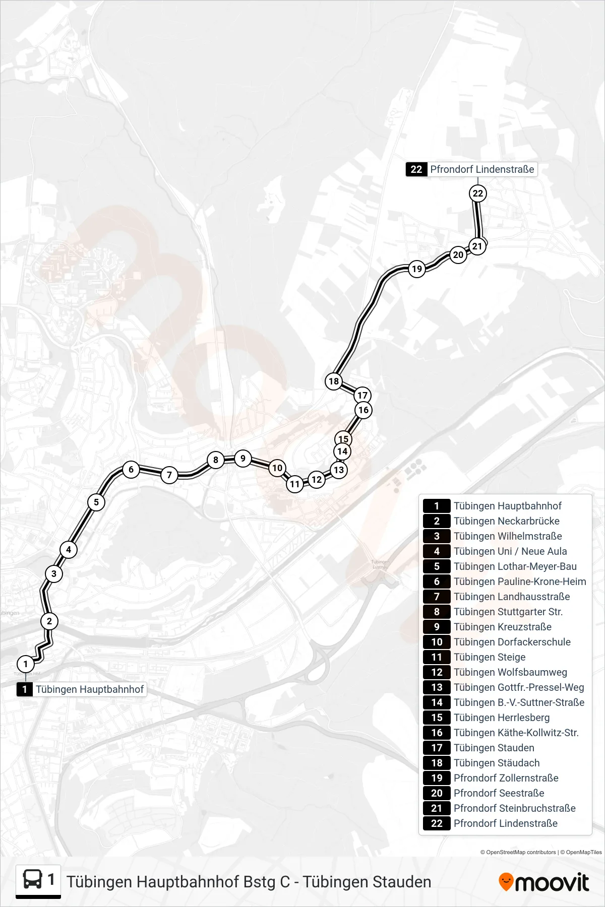 1 bus Line (Pfrondorf Lindenstraße) route and stops on a map