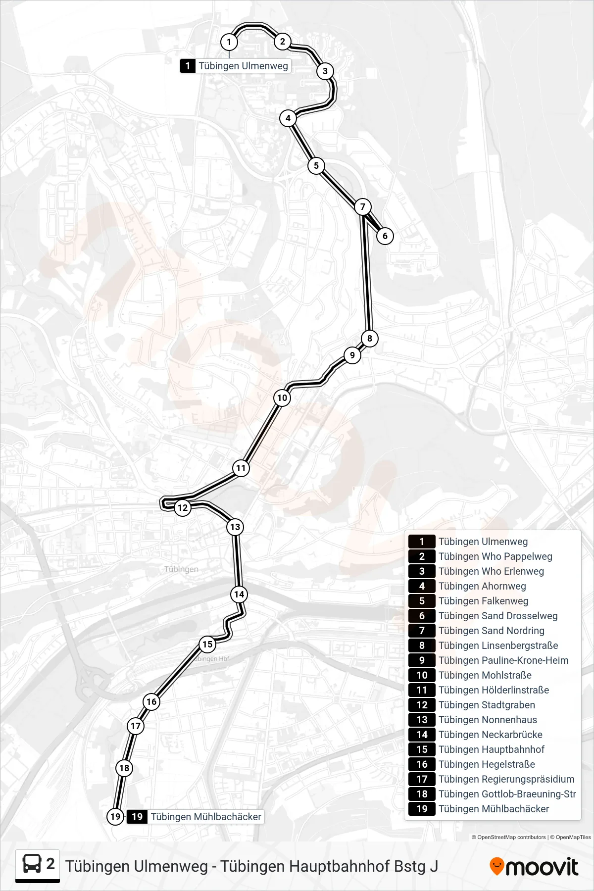 2 bus Line (Tübingen Mühlbachäcker) route and stops on a map