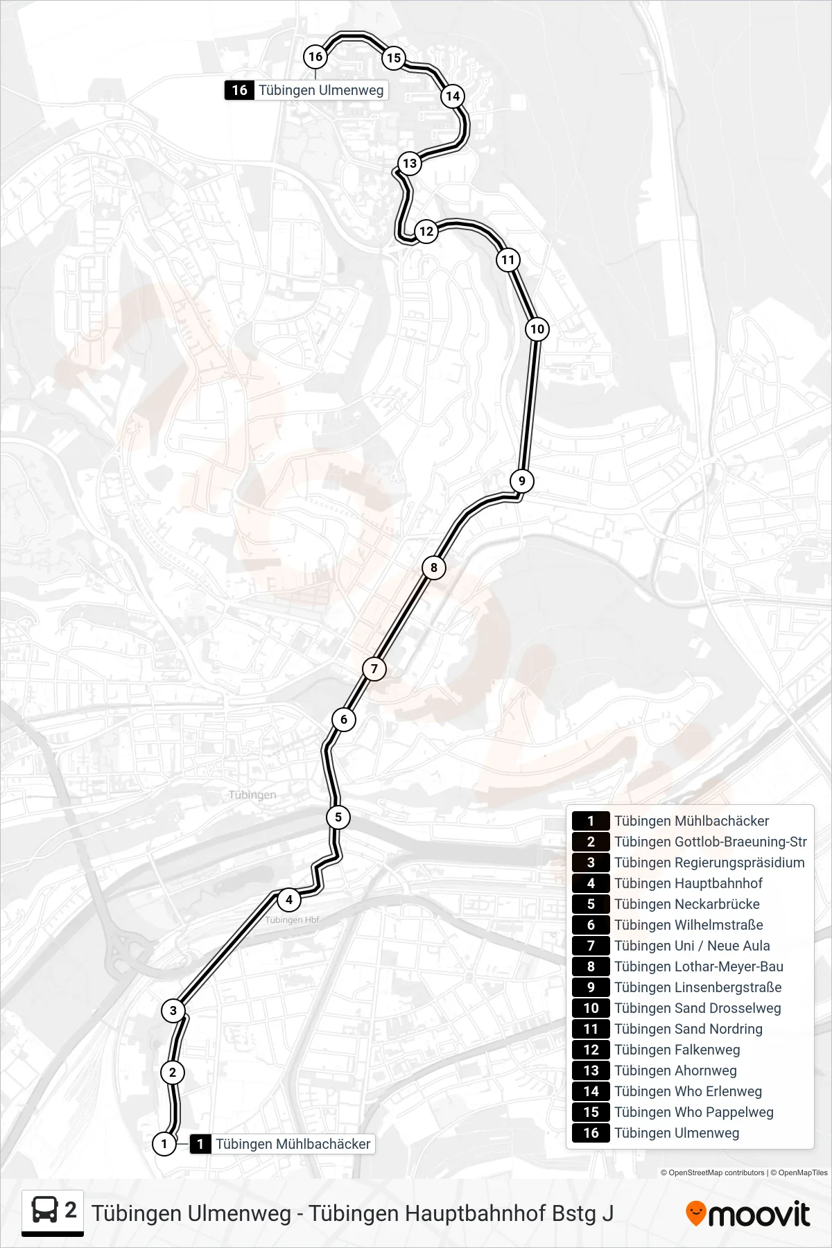 Linie 2 (Bus) Richtung Tübingen Ulmenweg: Route und Haltestellen auf der Karte