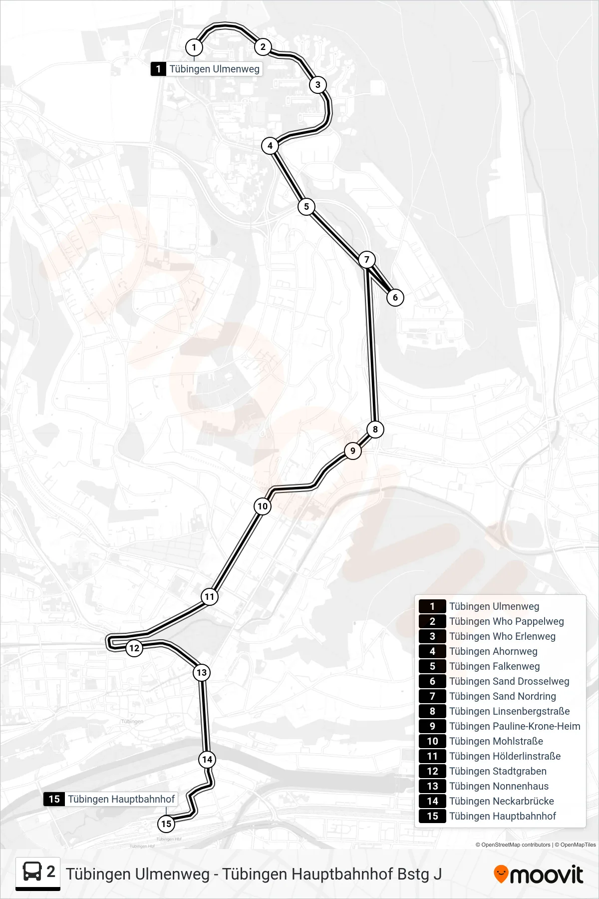2 bus Line (Tübingen Hauptbahnhof) route and stops on a map