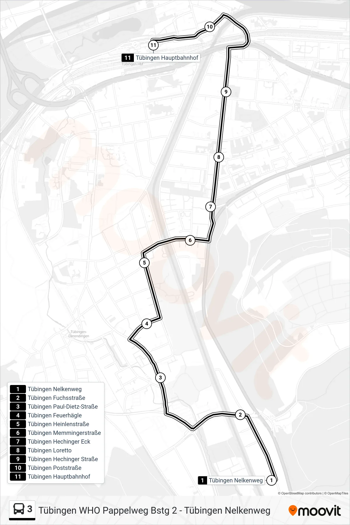 3 bus Line (Tübingen Hauptbahnhof) route and stops on a map