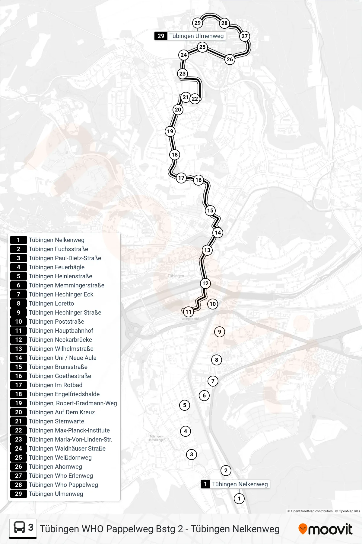 3 bus Line (Tübingen Ulmenweg) route and stops on a map