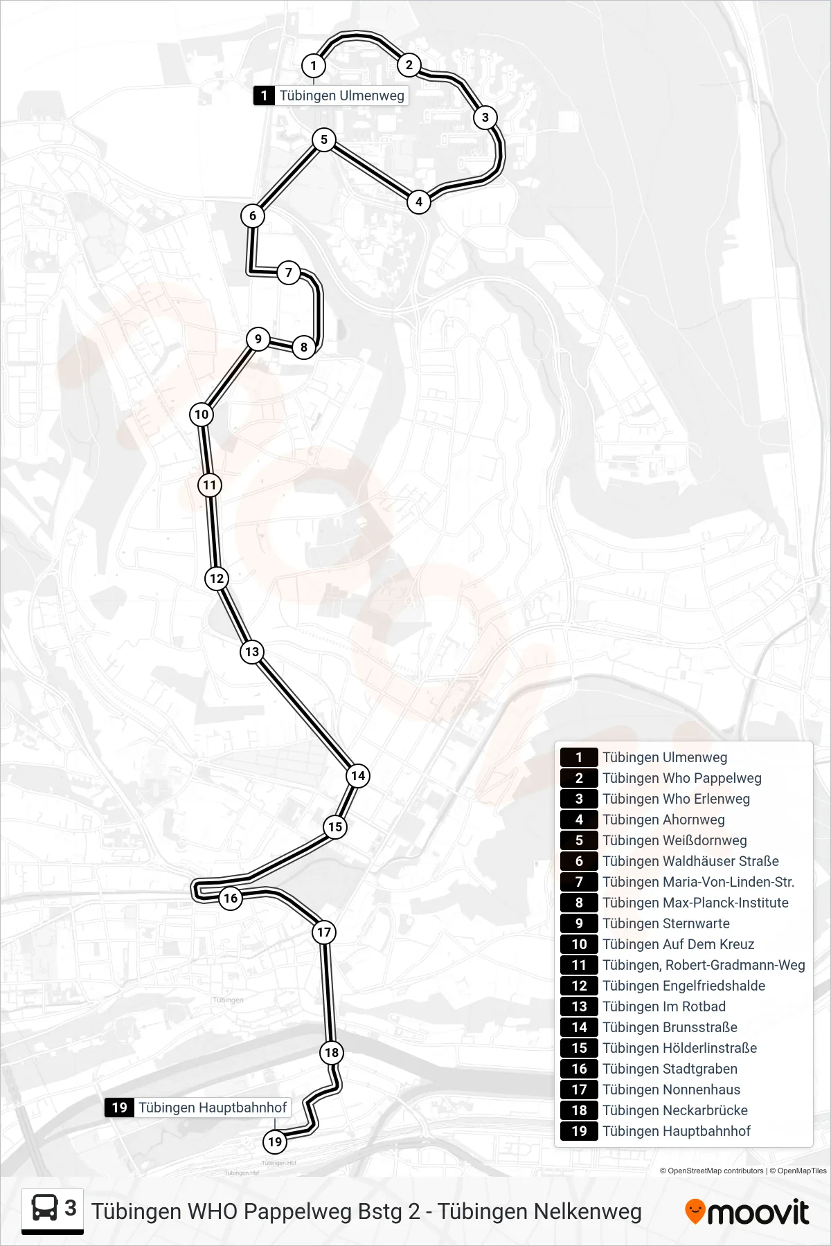 3 bus Line (Tübingen Hauptbahnhof) route and stops on a map