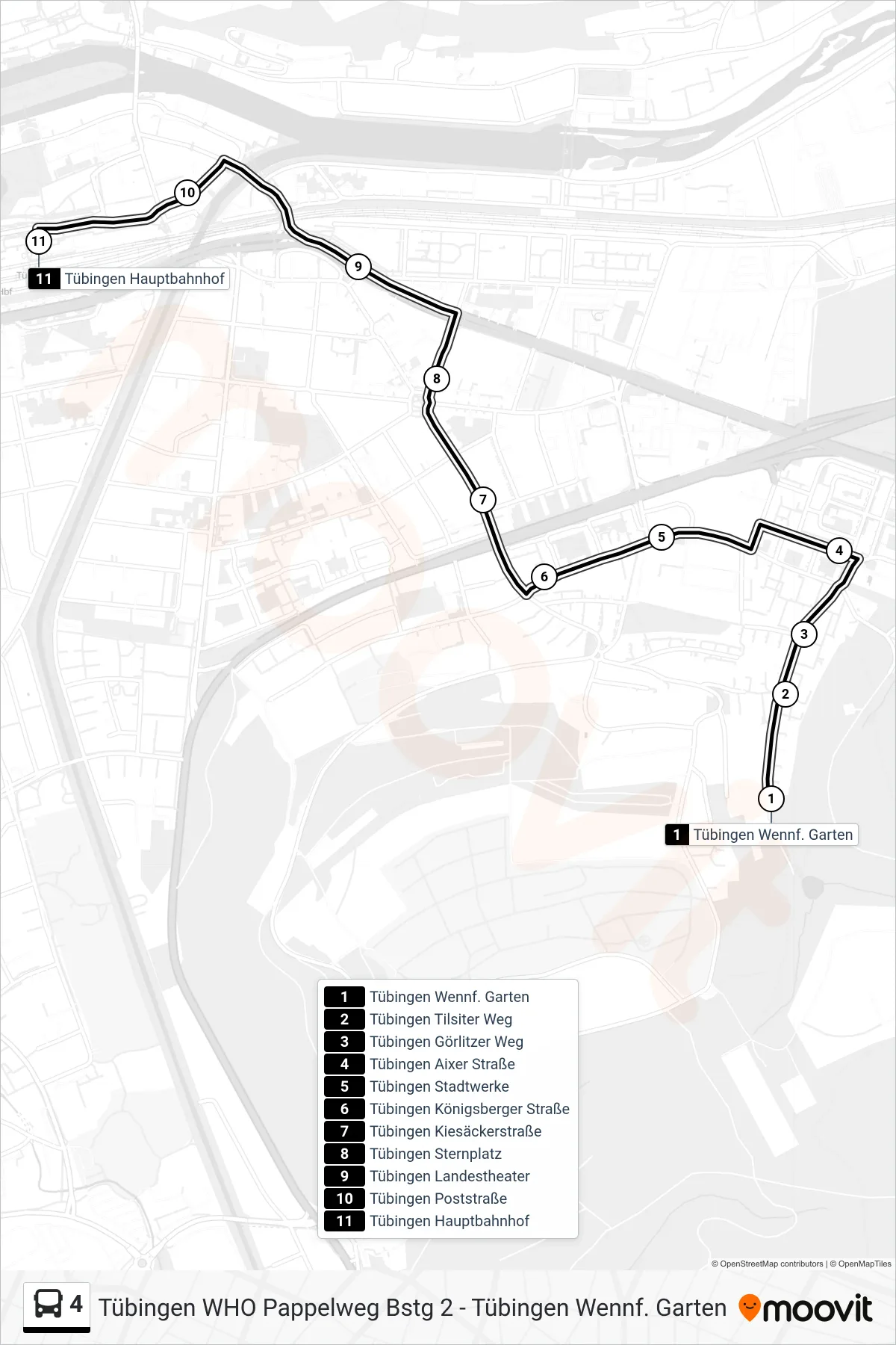 4 bus Line (Tübingen Hauptbahnhof) route and stops on a map