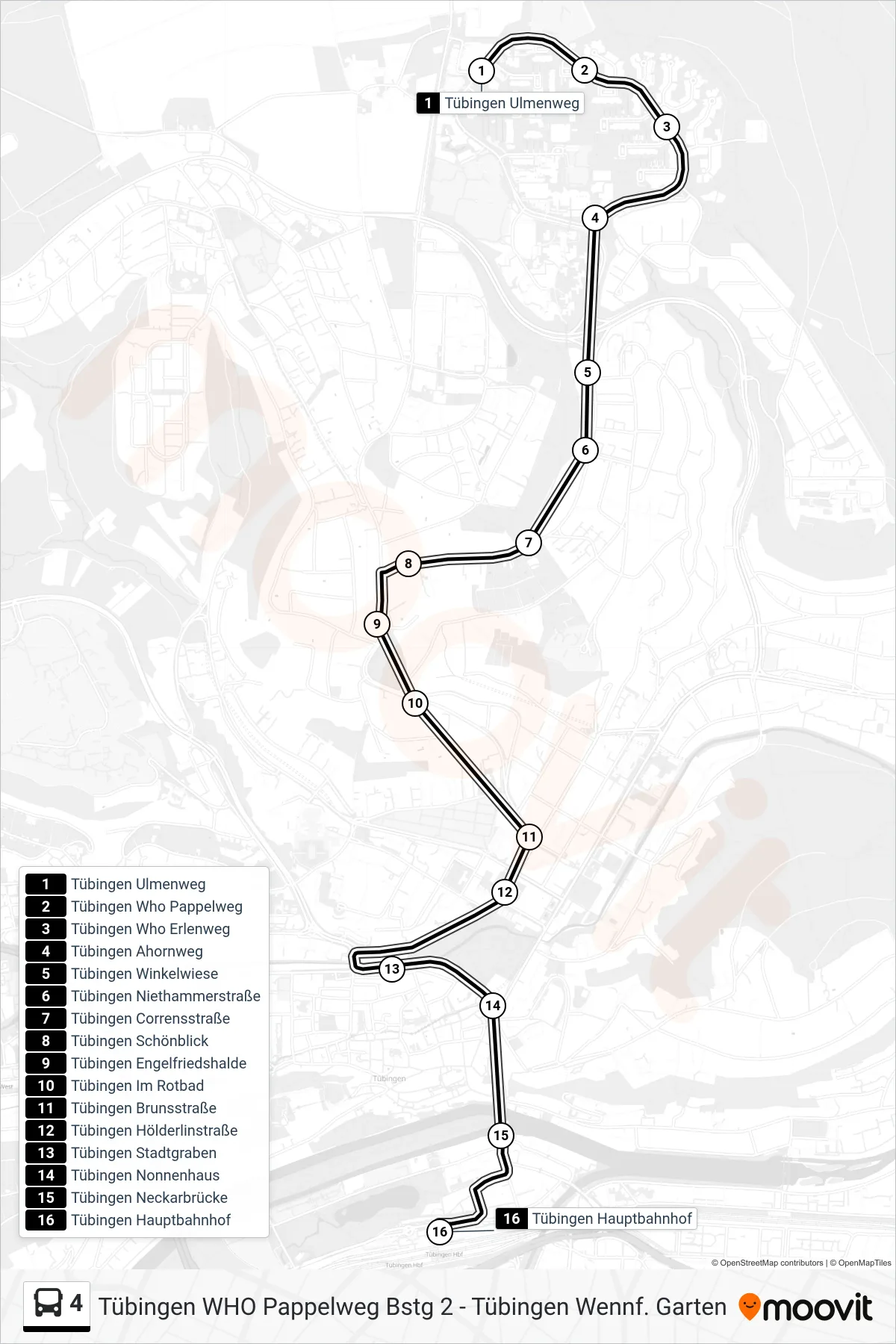 4 bus Line (Tübingen Hauptbahnhof) route and stops on a map