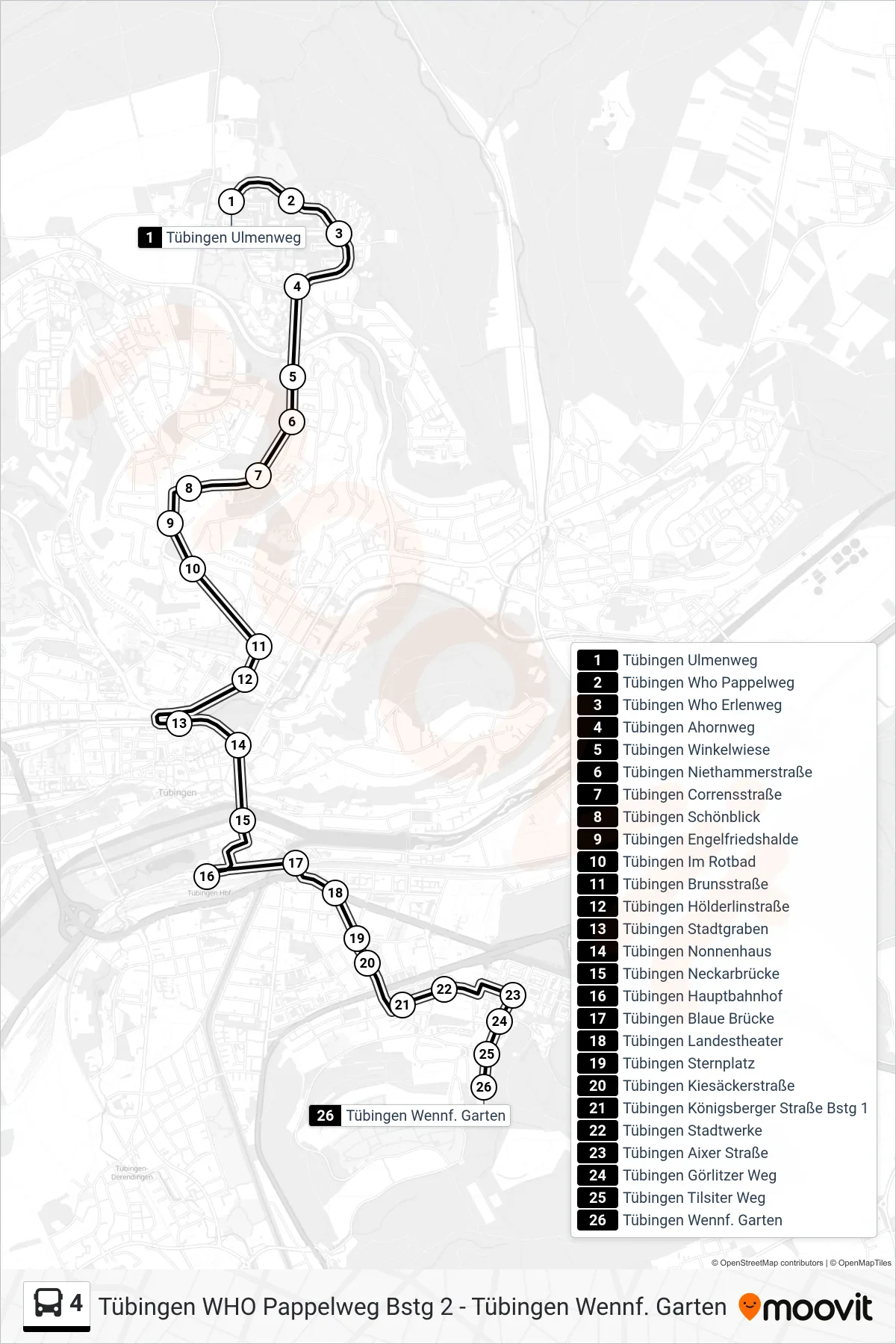 4 bus Line (Tübingen Wennf. Garten) route and stops on a map