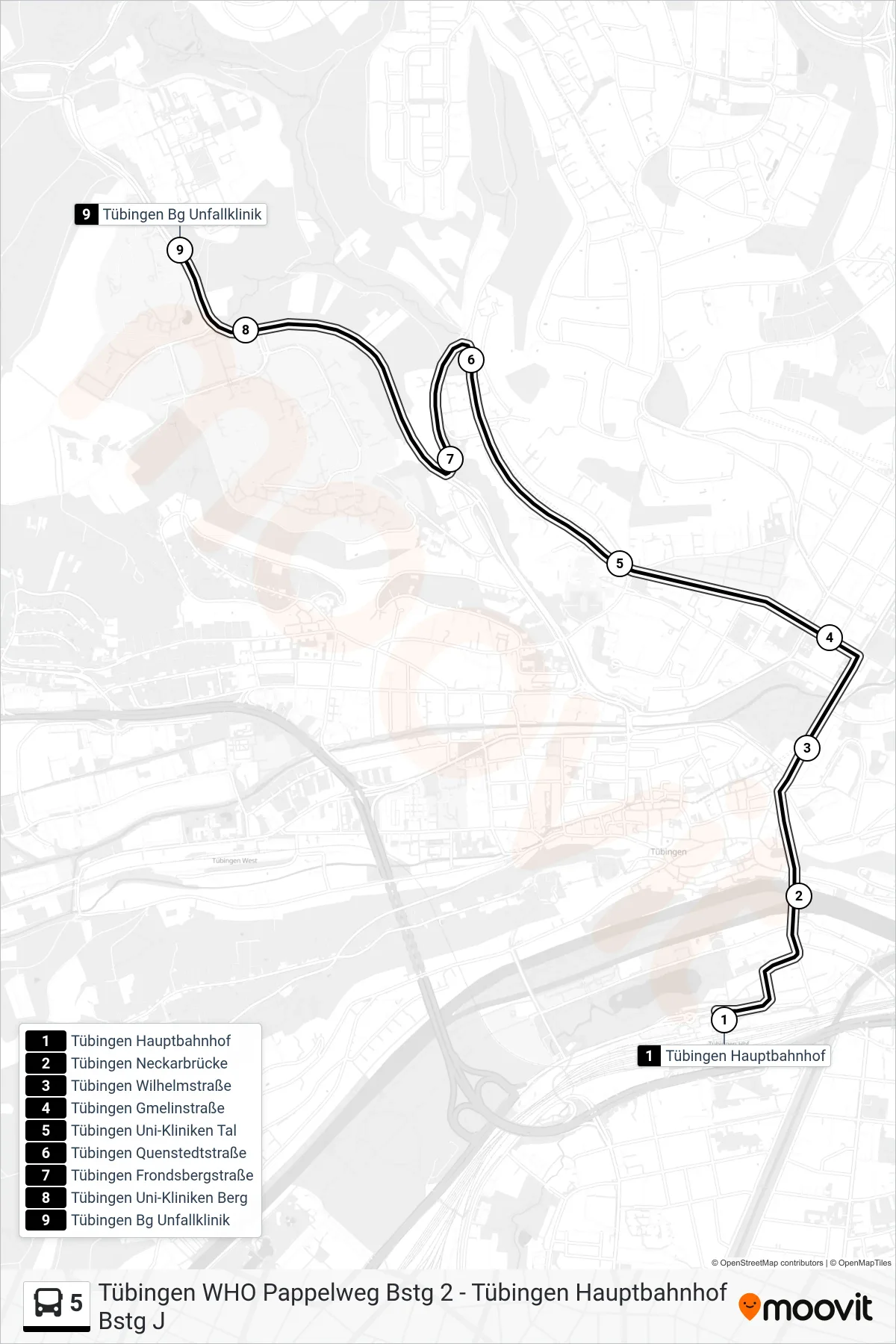 5 bus Line (Tübingen Bg Unfallklinik) route and stops on a map