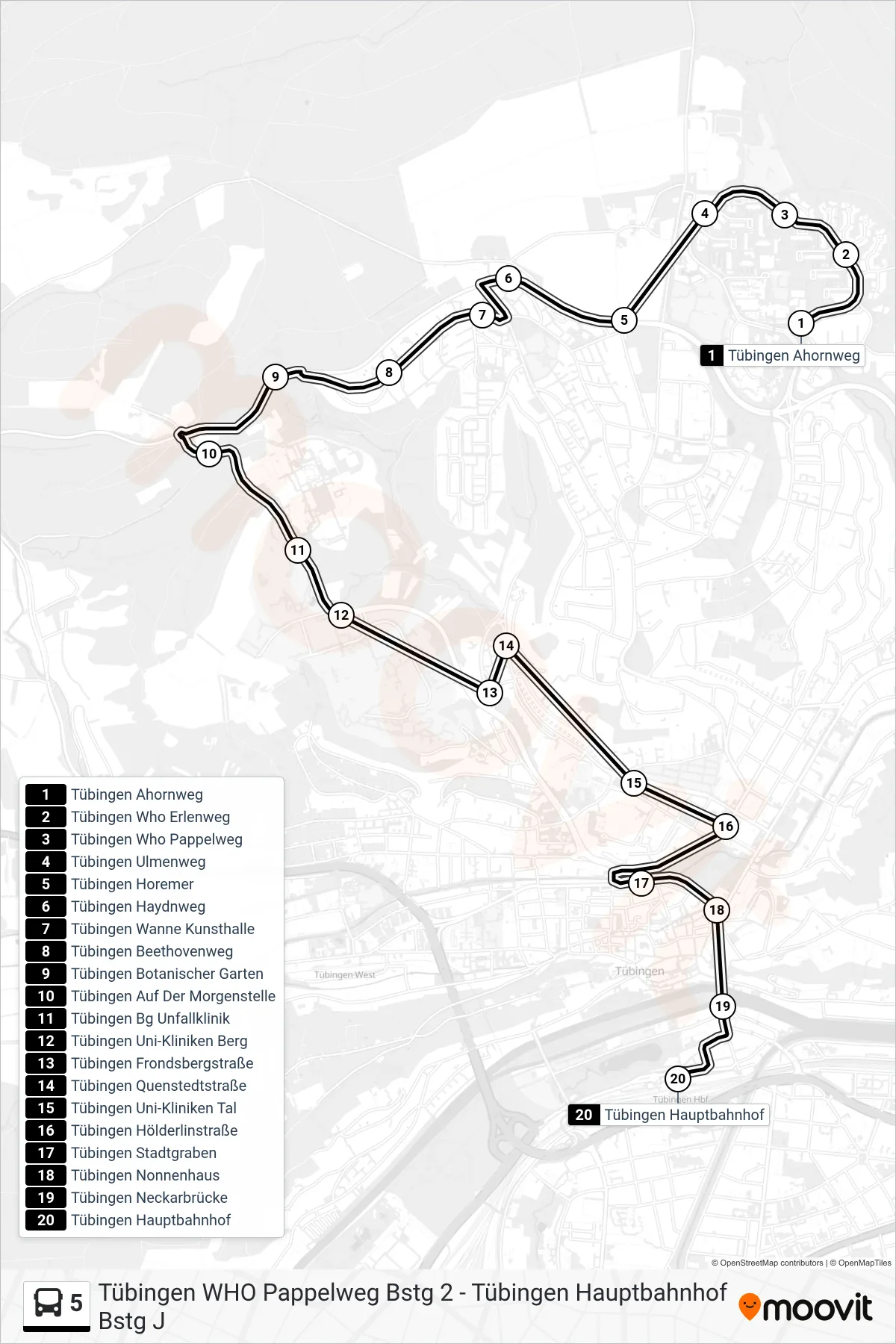 5 bus Line (Tübingen Hauptbahnhof) route and stops on a map