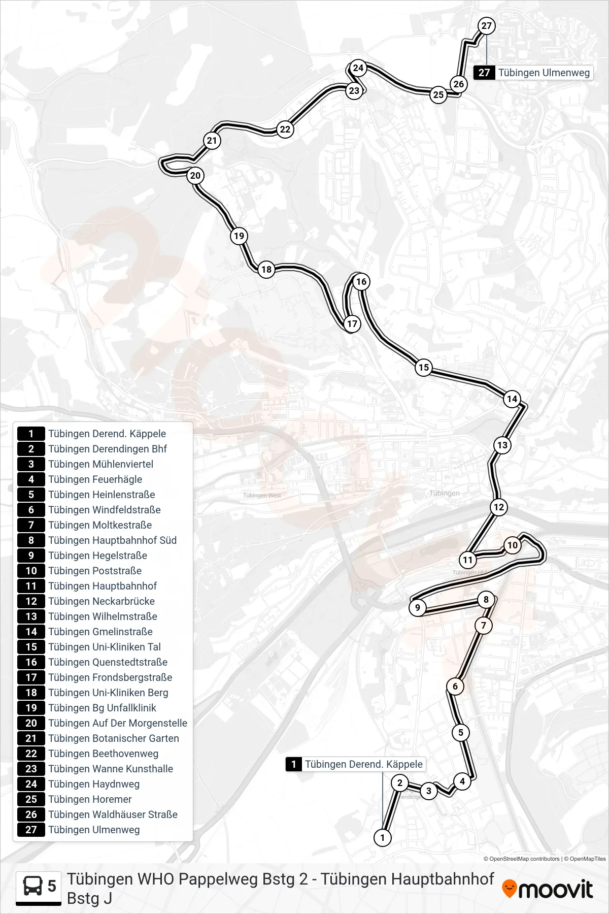 5 bus Line (Tübingen Ulmenweg) route and stops on a map
