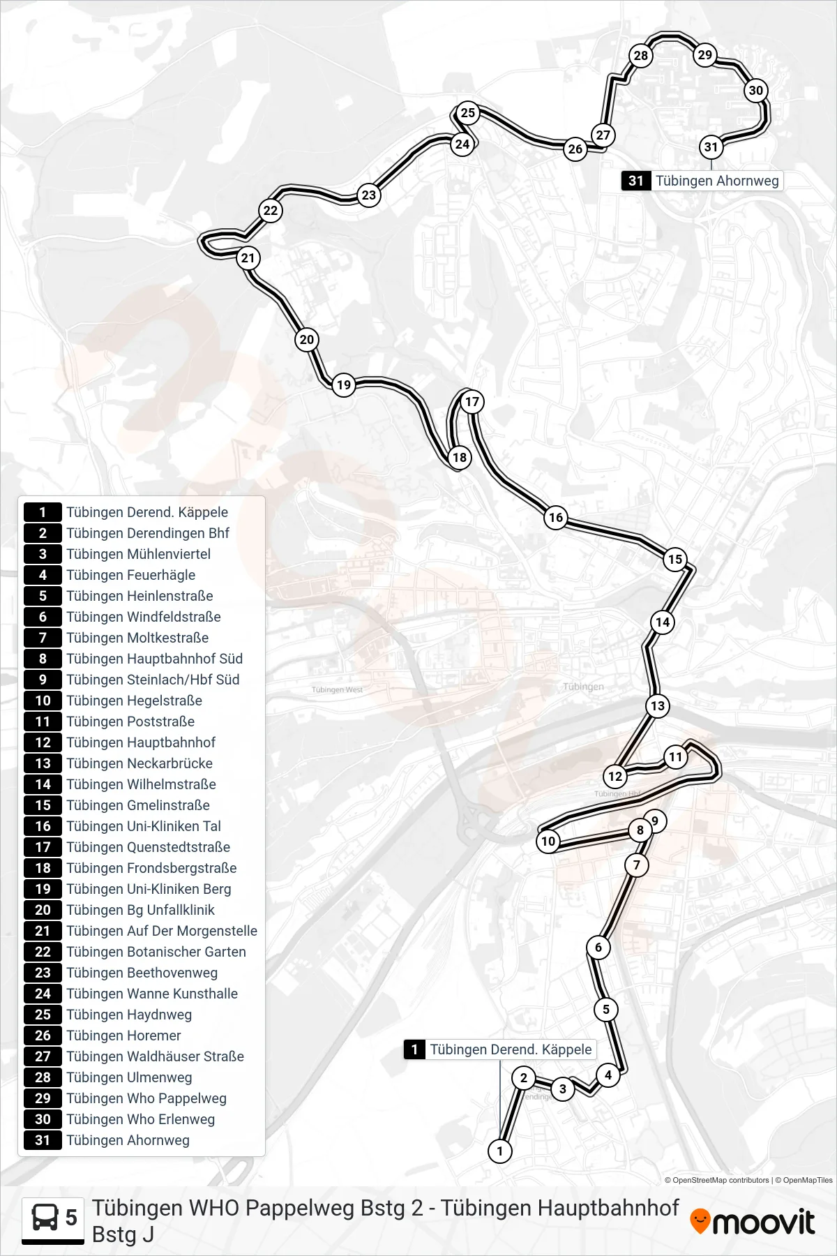 5 bus Line (Tübingen Ahornweg) route and stops on a map