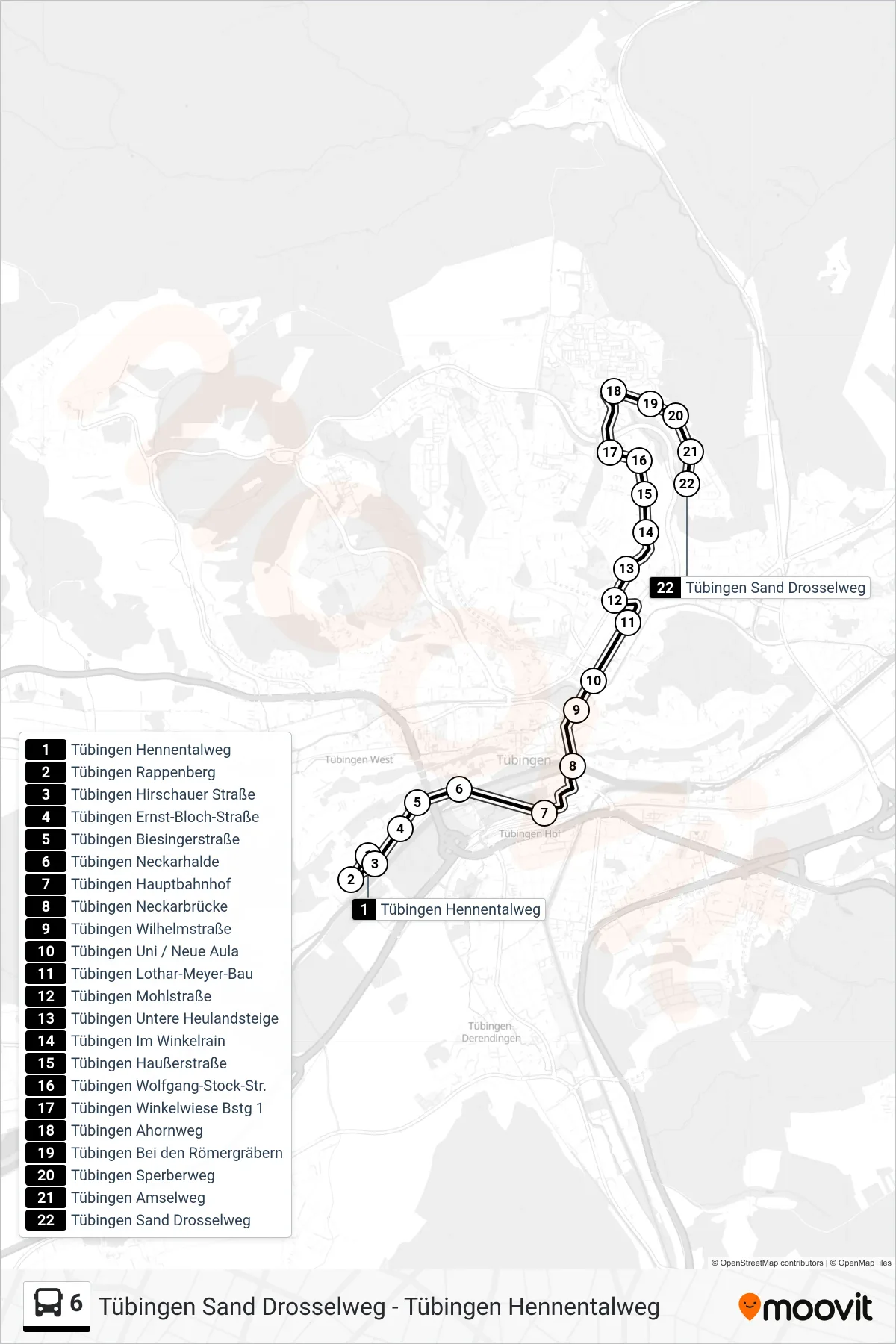 Linie 6 (Bus) Richtung Tübingen Sand Drosselweg: Route und Haltestellen auf der Karte