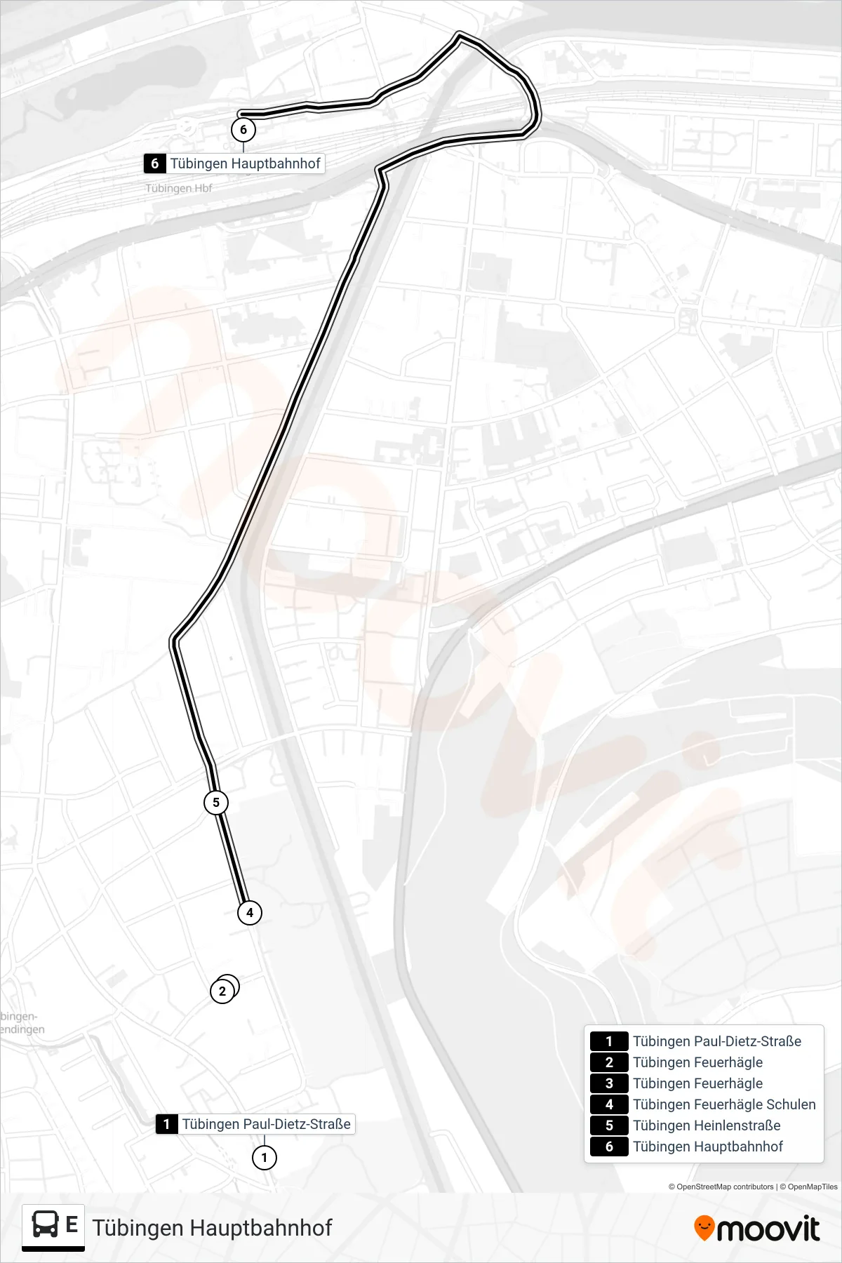 Linie E (Bus) Richtung Tübingen Hauptbahnhof: Route und Haltestellen auf der Karte