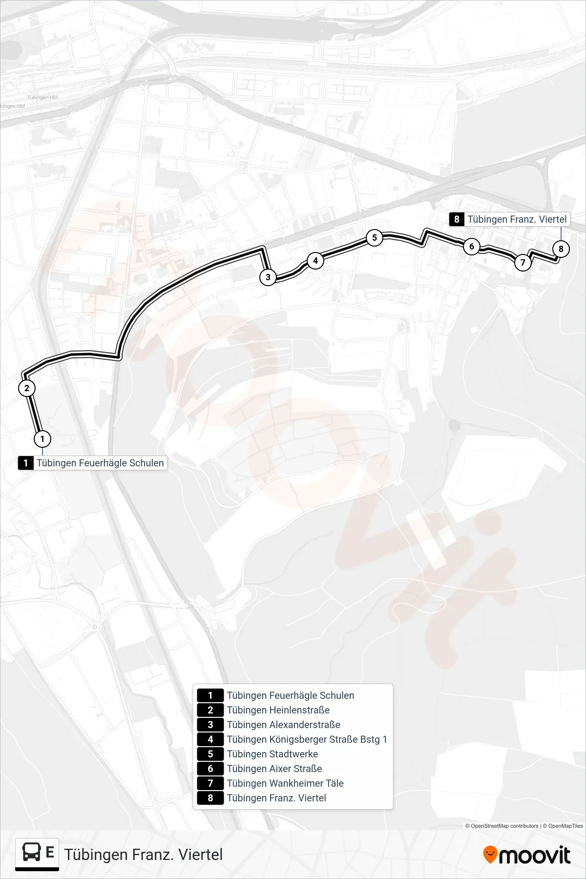 Linie E (Bus) Richtung Tübingen Franz. Viertel: Route und Haltestellen auf der Karte