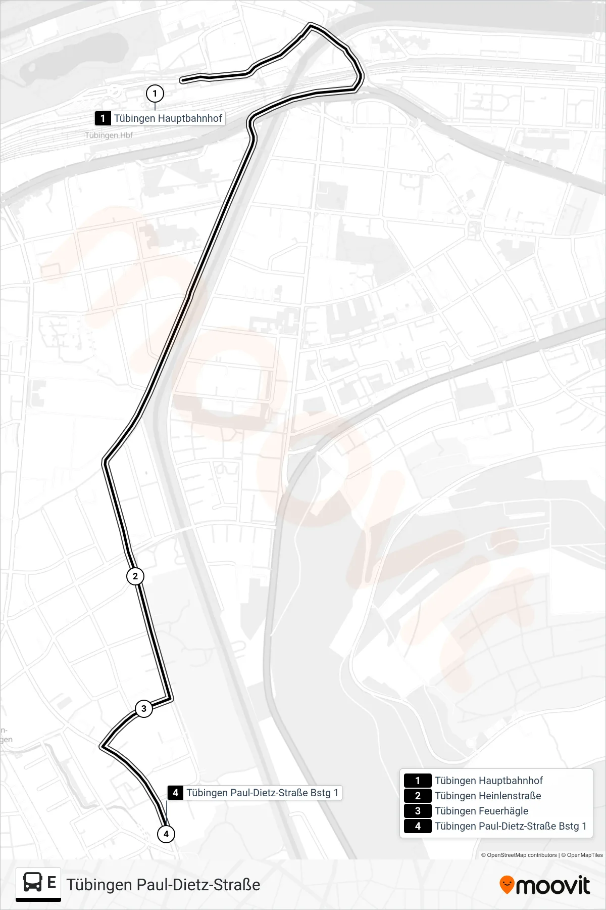 E bus Line (Tübingen Paul-Dietz-Straße) route and stops on a map