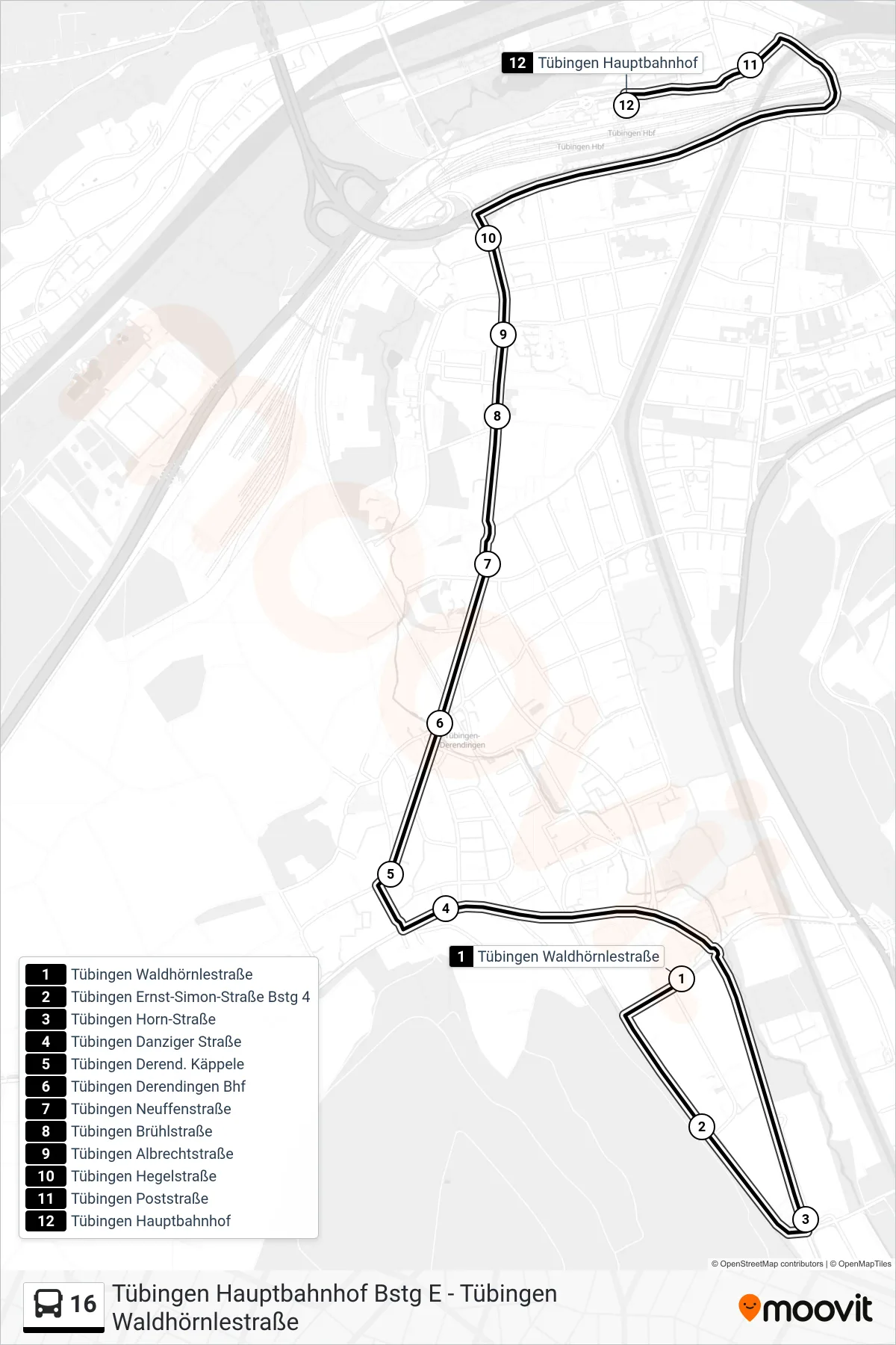 16 bus Line (Tübingen Hauptbahnhof) route and stops on a map
