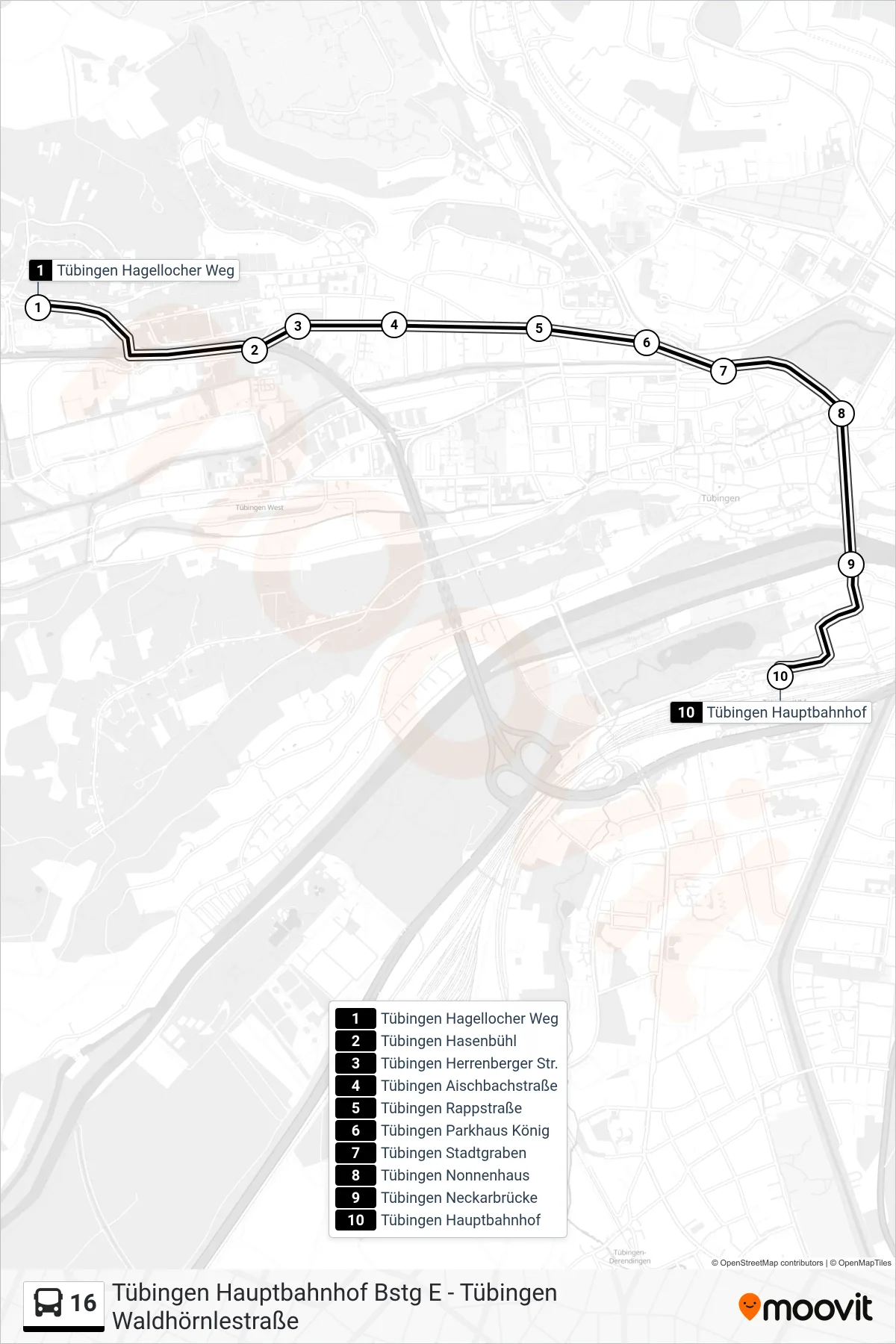 Linie 16 (Bus) Richtung Tübingen Hauptbahnhof: Route und Haltestellen auf der Karte