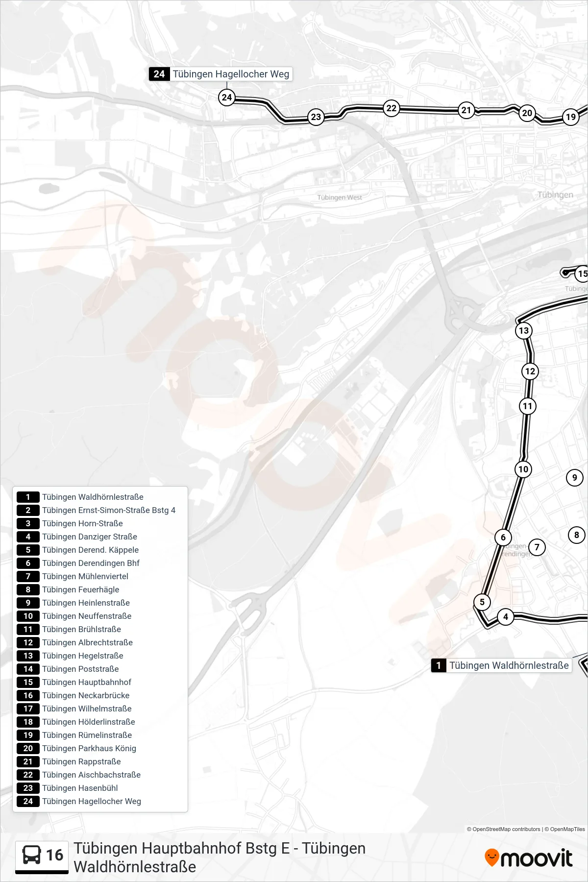 16 bus Line (Tübingen Hagellocher Weg) route and stops on a map