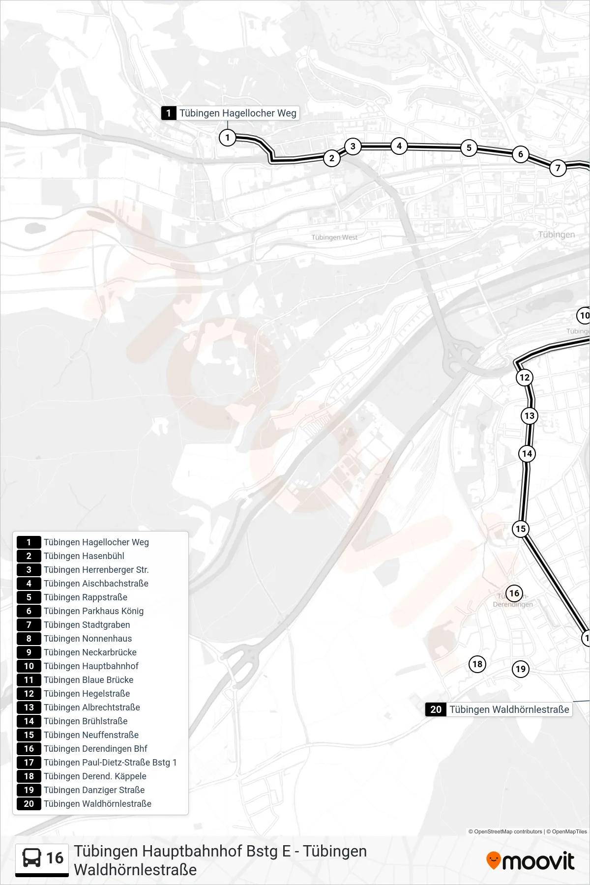 16 bus Line (Tübingen Waldhörnlestraße) route and stops on a map