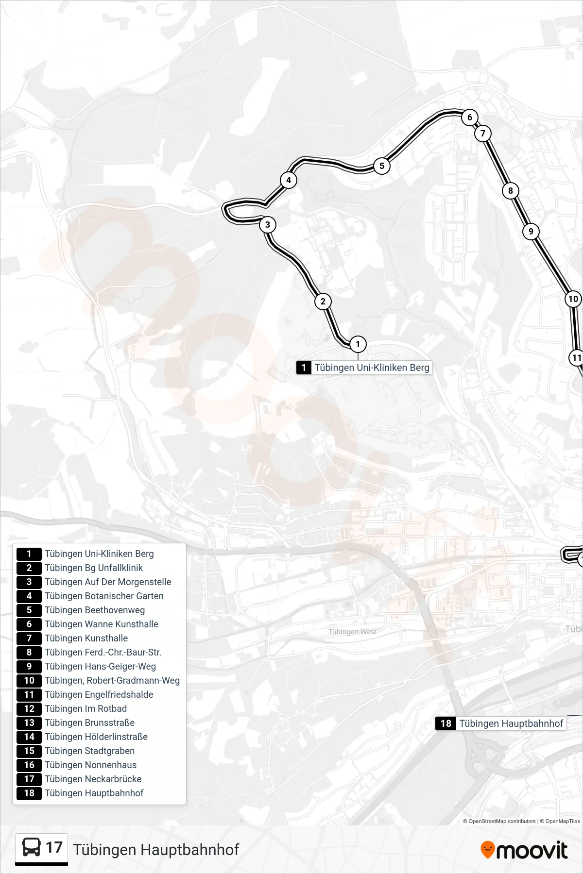 17 bus Line (Tübingen Hauptbahnhof) route and stops on a map