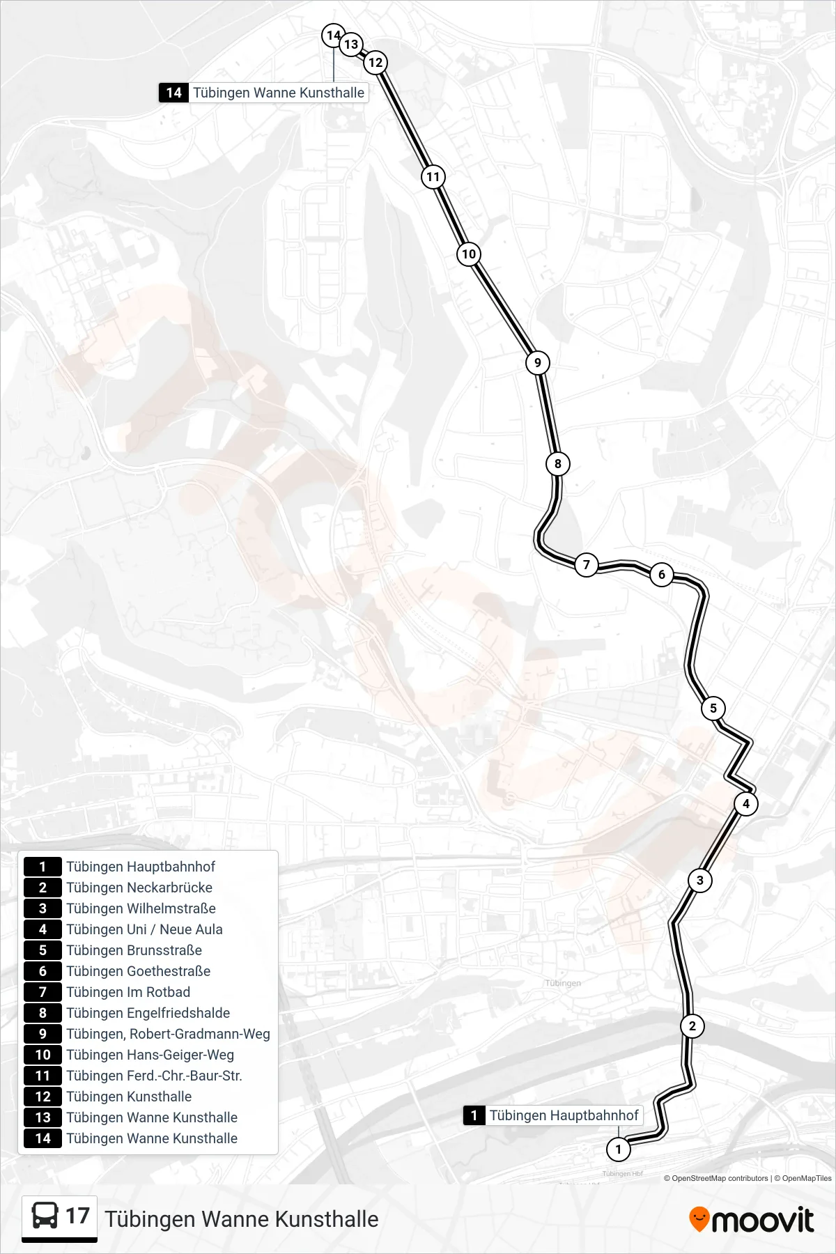 Linie 17 (Bus) Richtung Tübingen Wanne Kunsthalle: Route und Haltestellen auf der Karte