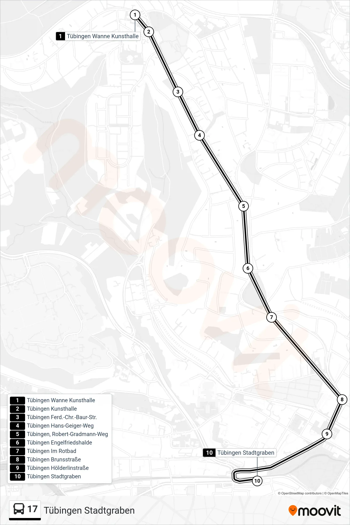 17 bus Line (Tübingen Stadtgraben) route and stops on a map
