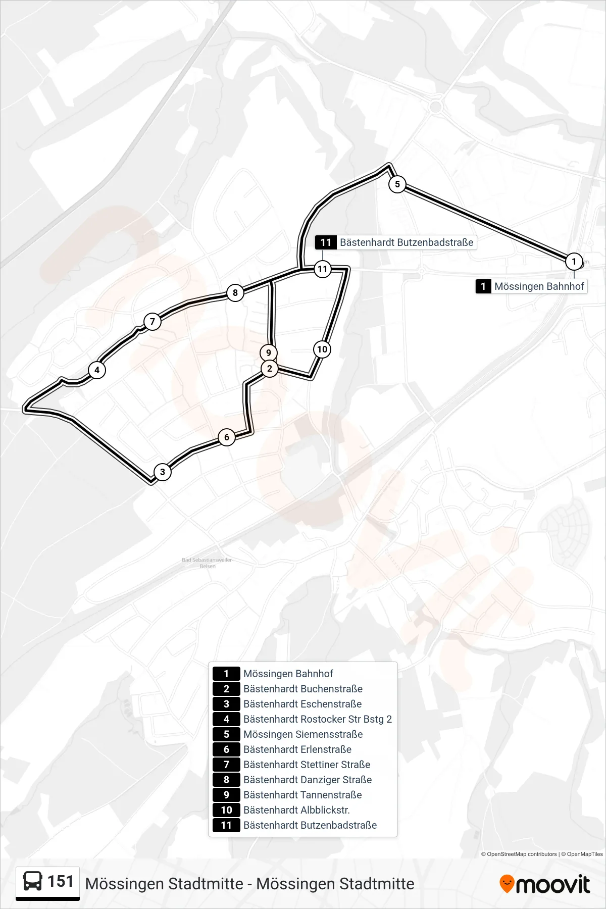 151 bus Line (Mössingen Bahnhof) route and stops on a map