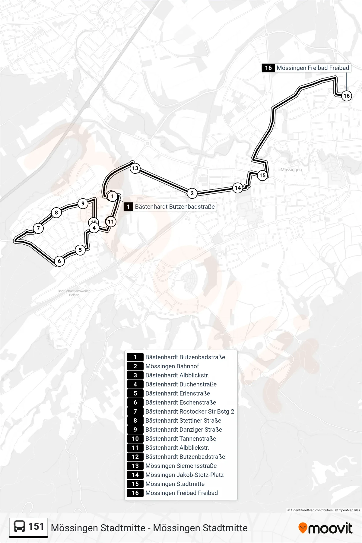 151 bus Line (Mössingen Freibad) route and stops on a map