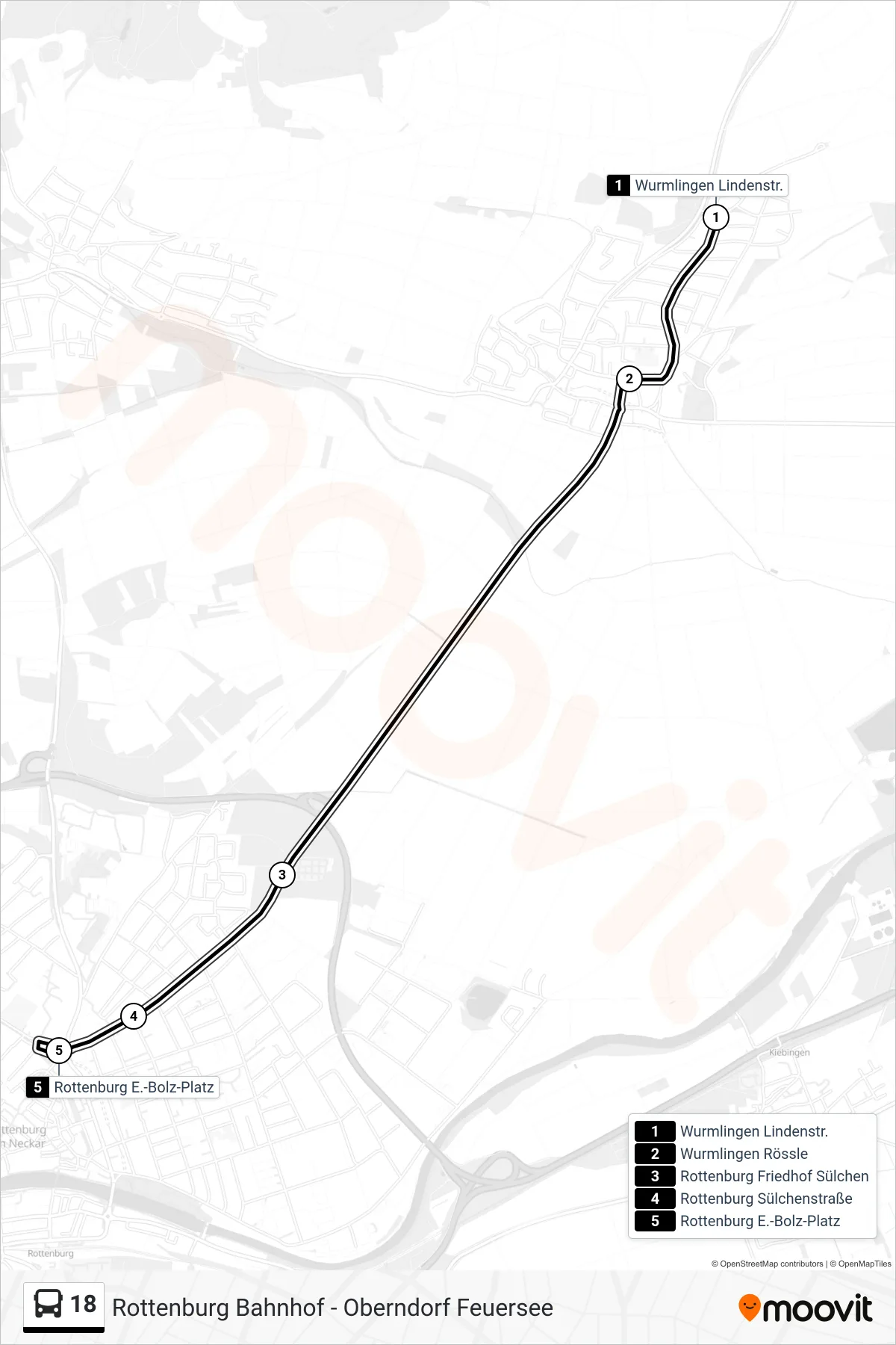 18 bus Line (Rottenburg E.-Bolz-Platz) route and stops on a map