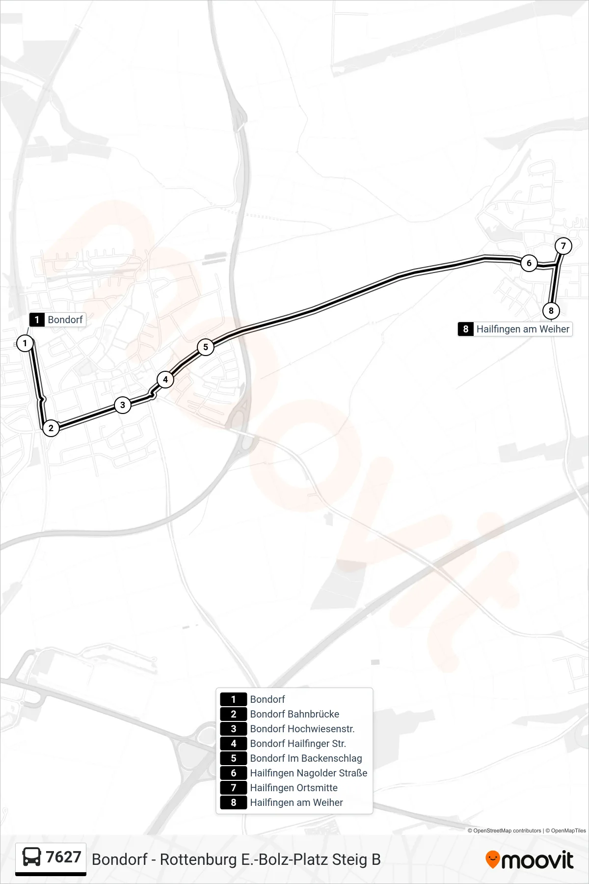 7627 bus Line (Hailfingen am Weiher) route and stops on a map