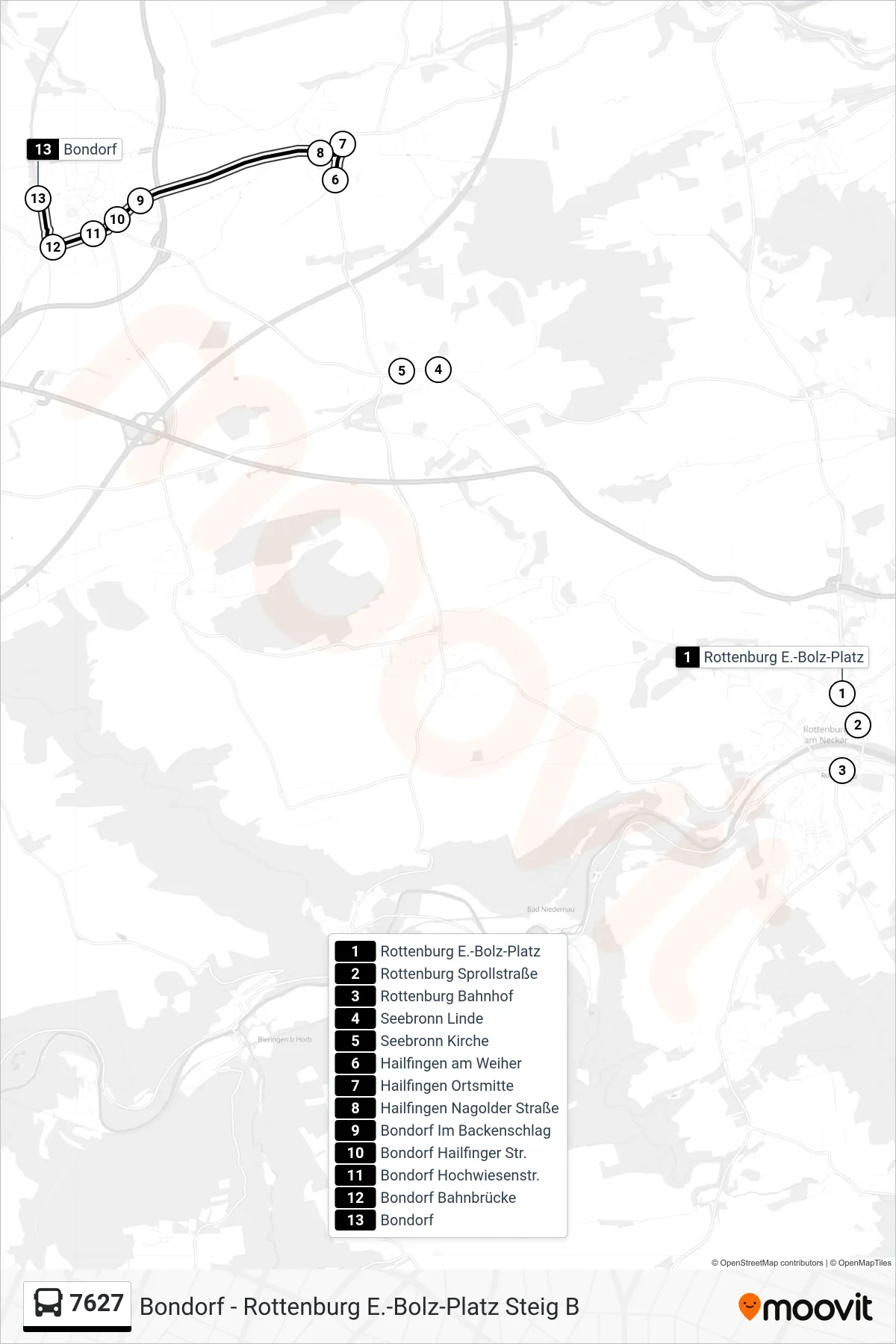 7627 bus Line (Bondorf) route and stops on a map