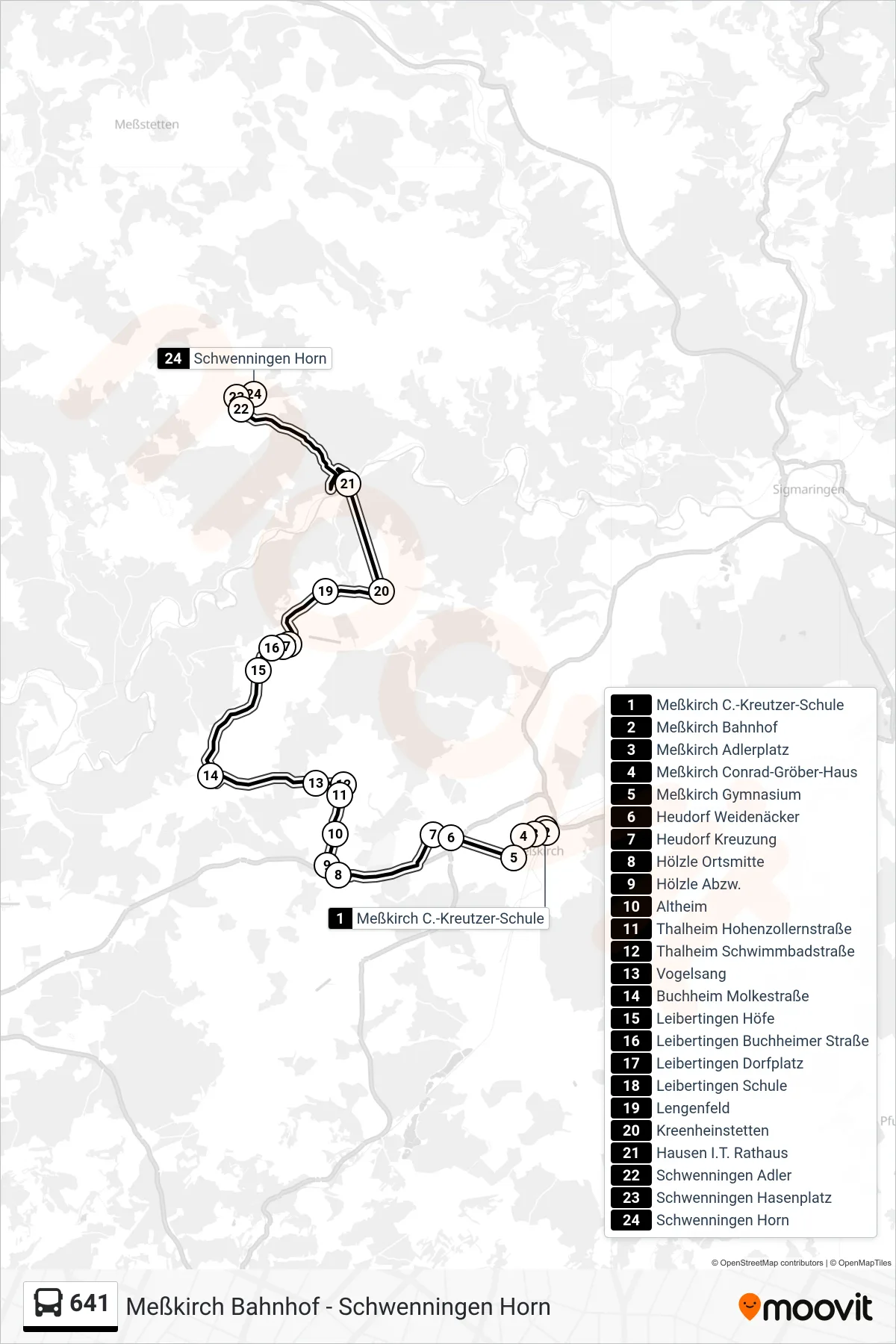 641 bus Line (Schwenningen Horn) route and stops on a map