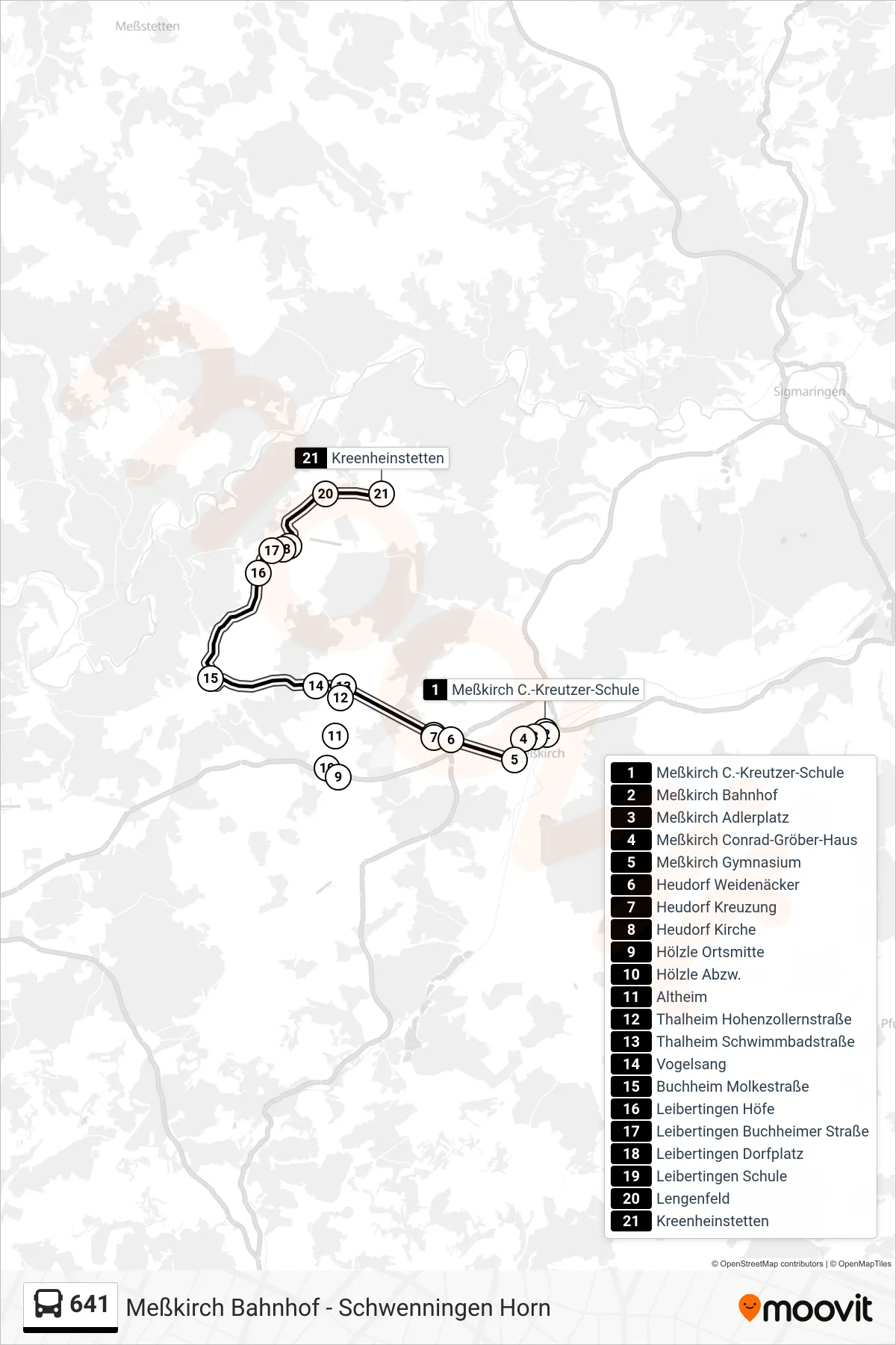 641 bus Line (Kreenheinstetten) route and stops on a map