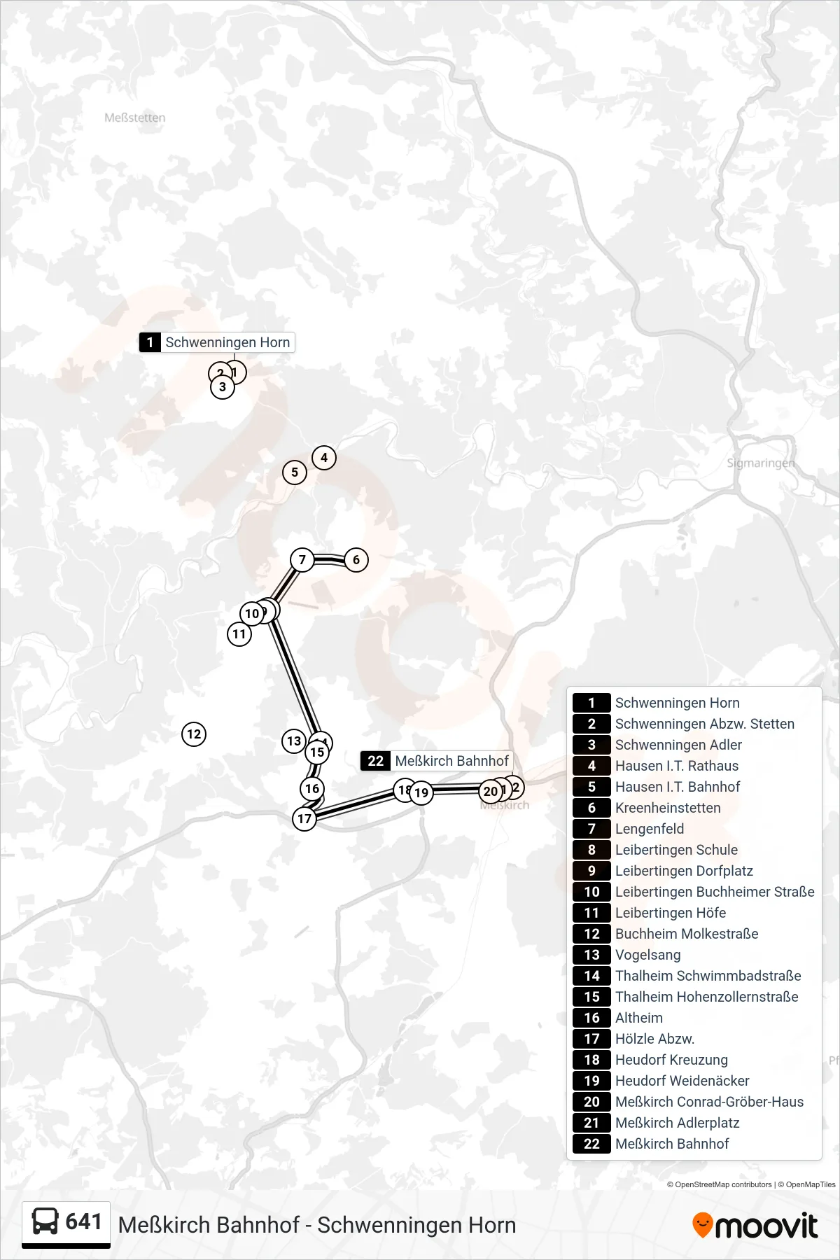 641 bus Line (Meßkirch Bahnhof) route and stops on a map
