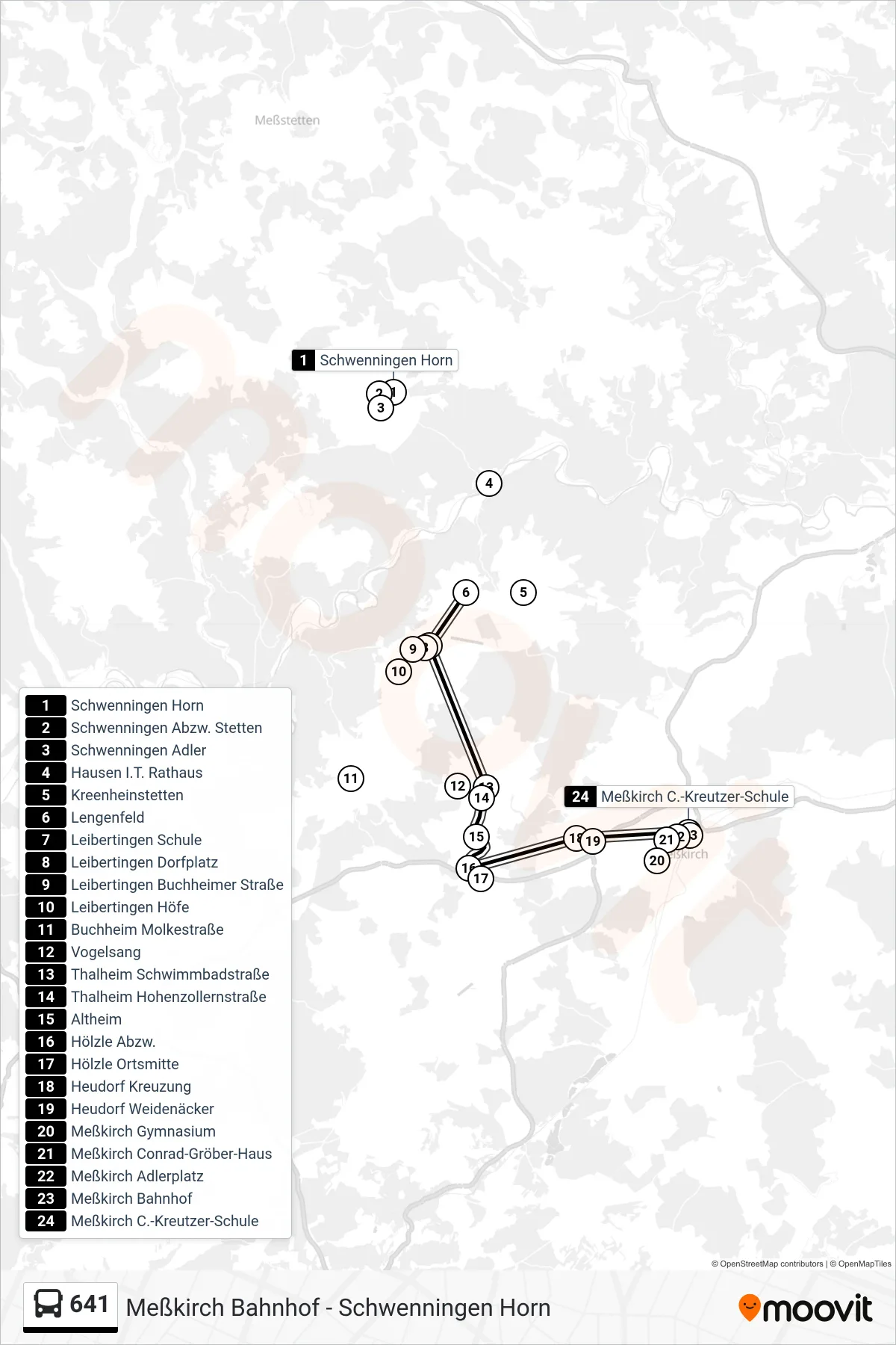 Linie 641 (Bus) Richtung Meßkirch C.-Kreutzer-Schule: Route und Haltestellen auf der Karte