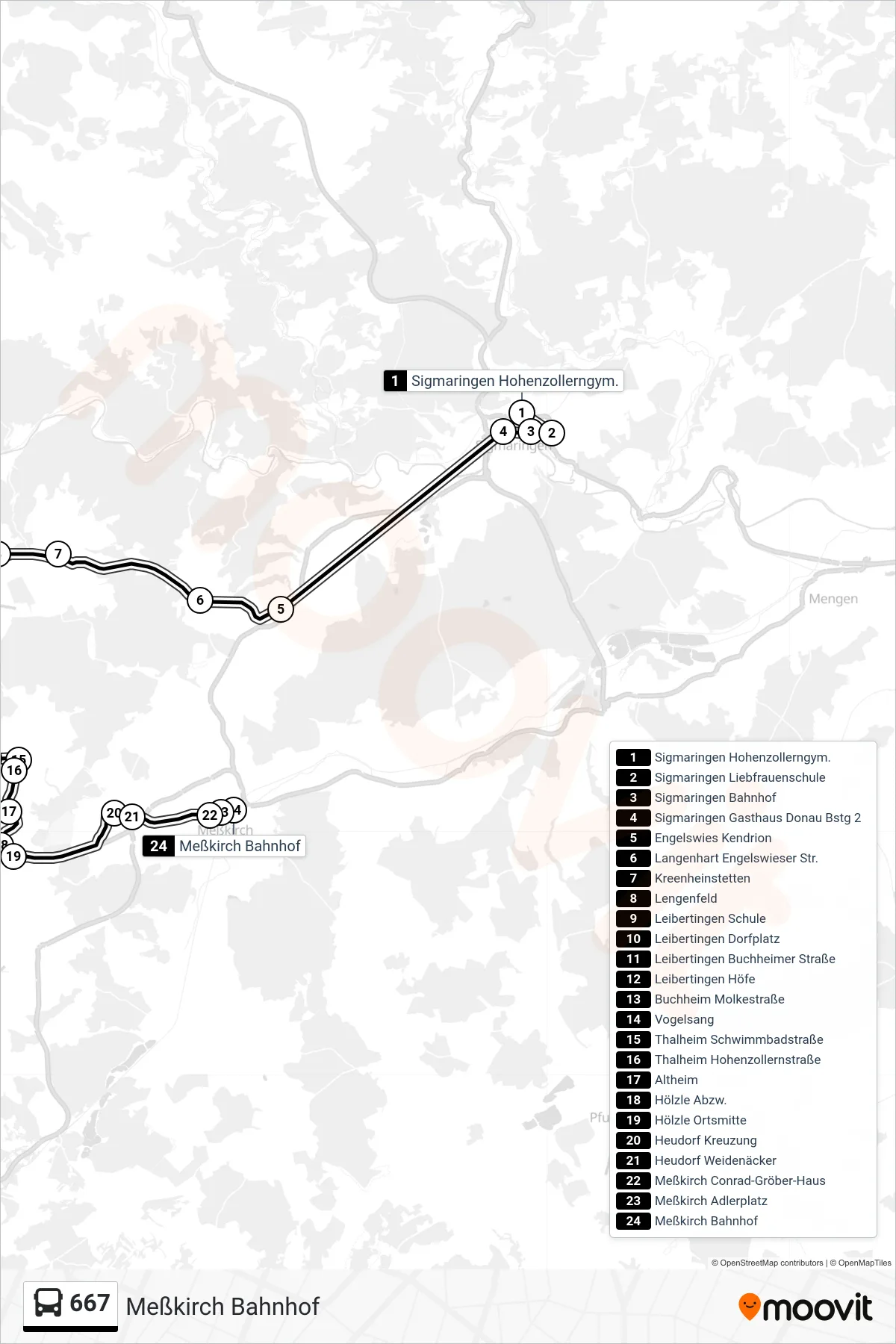 Linie 667 (Bus) Richtung Meßkirch Bahnhof: Route und Haltestellen auf der Karte