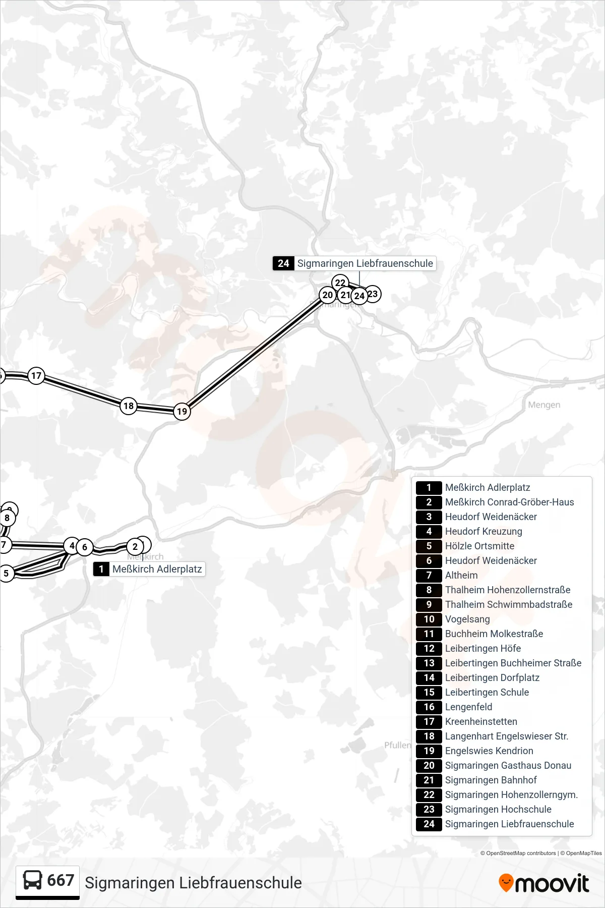 667 bus Line (Sigmaringen Liebfrauenschule) route and stops on a map