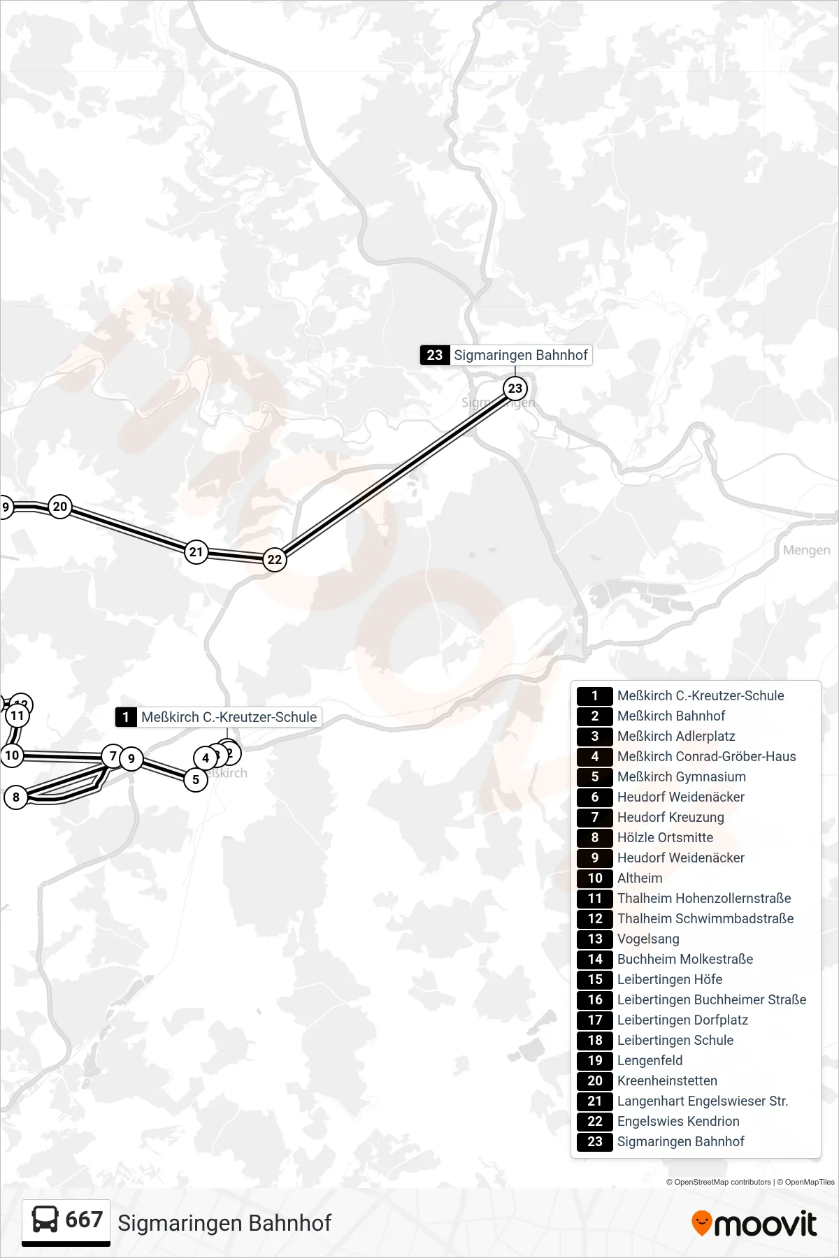 667 bus Line (Sigmaringen Bahnhof) route and stops on a map