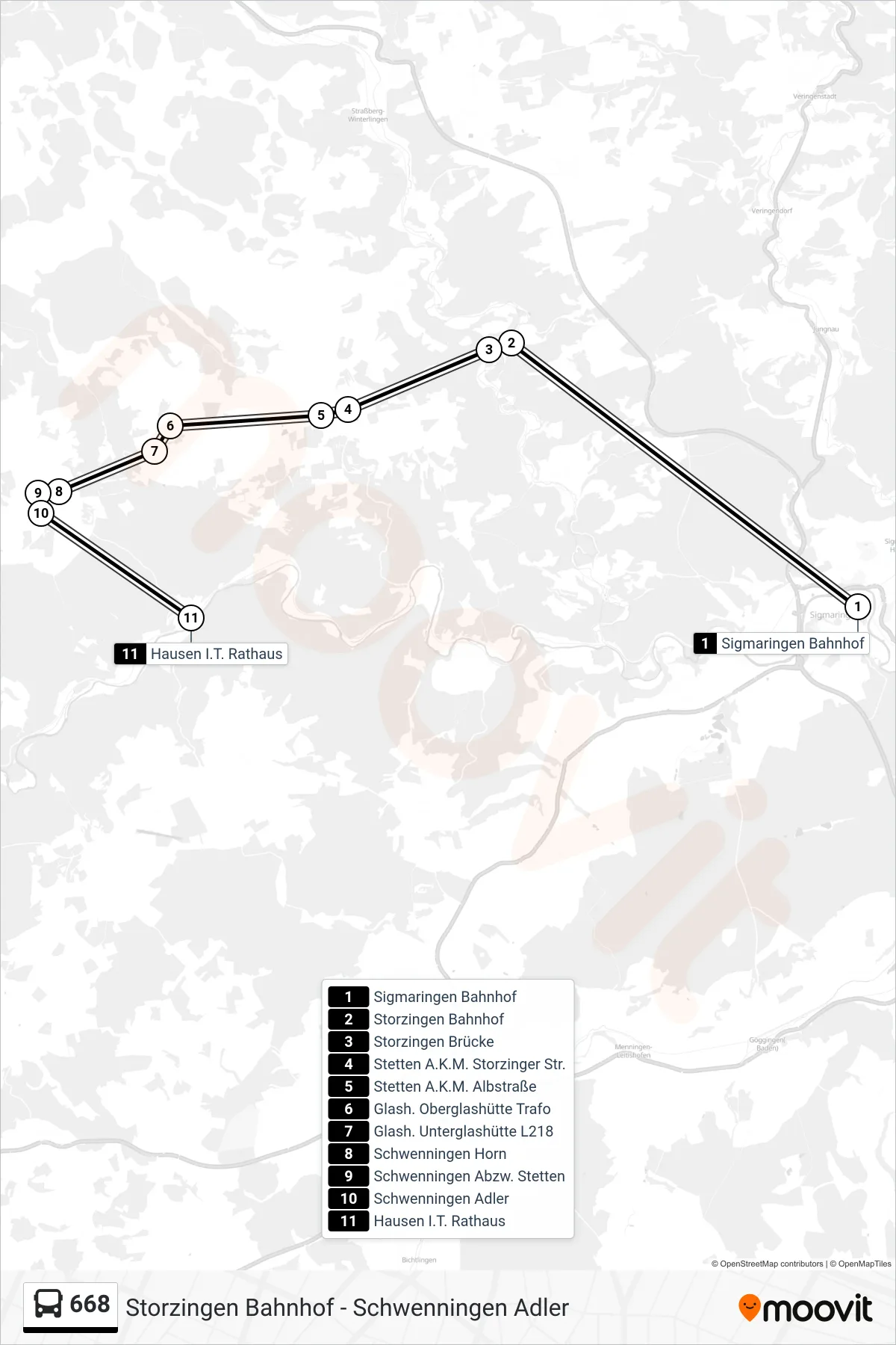 Linie 668 (Bus) Richtung Hausen I.T. Rathaus: Route und Haltestellen auf der Karte