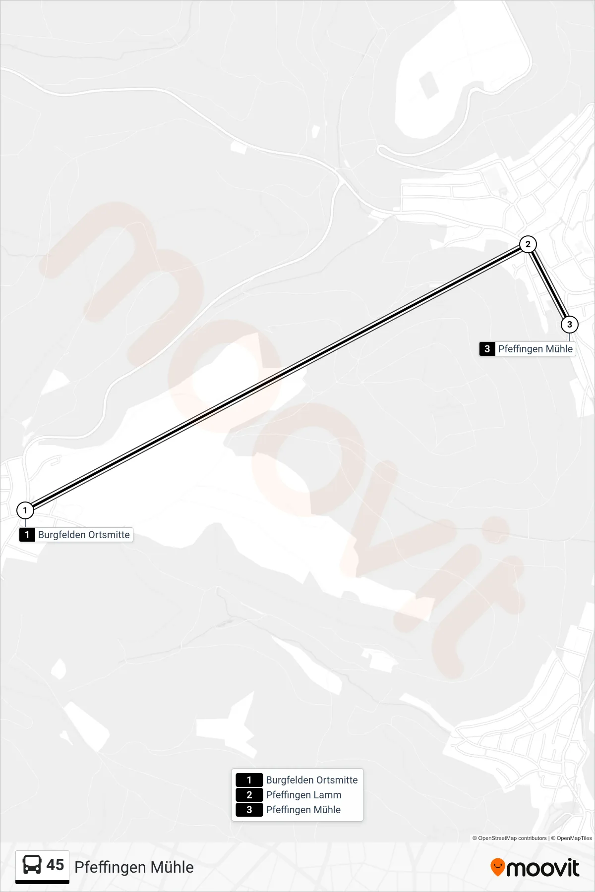 45 bus Line (Pfeffingen Mühle) route and stops on a map
