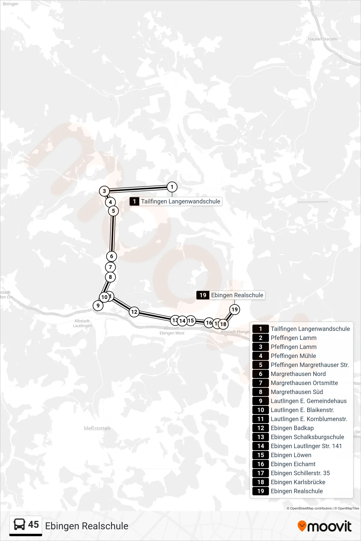 45 bus Line (Ebingen Realschule) route and stops on a map