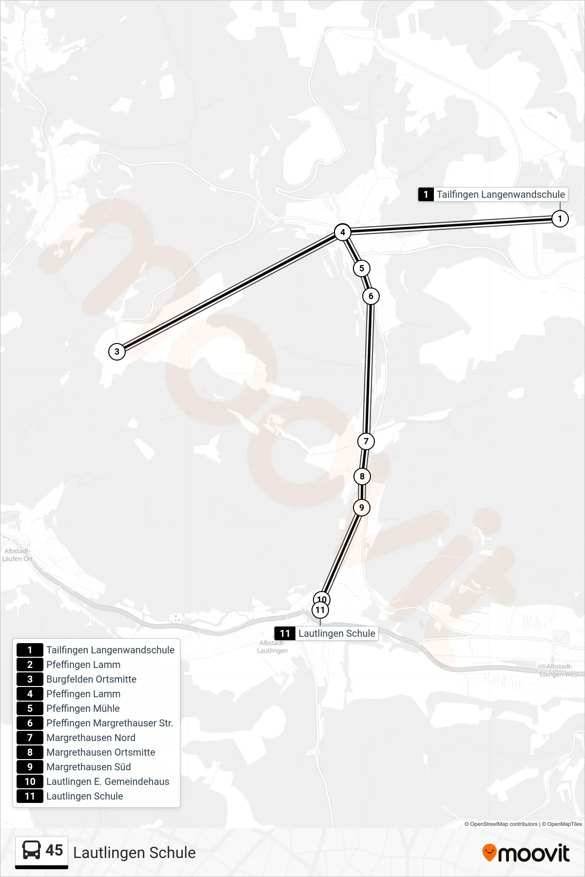 45 bus Line (Lautlingen Schule) route and stops on a map