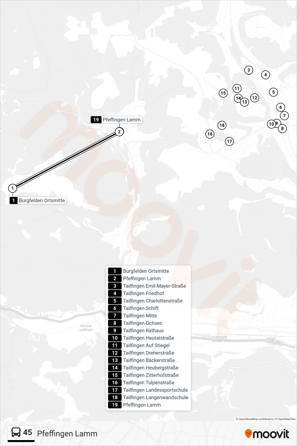 45 bus Line (Pfeffingen Lamm) route and stops on a map