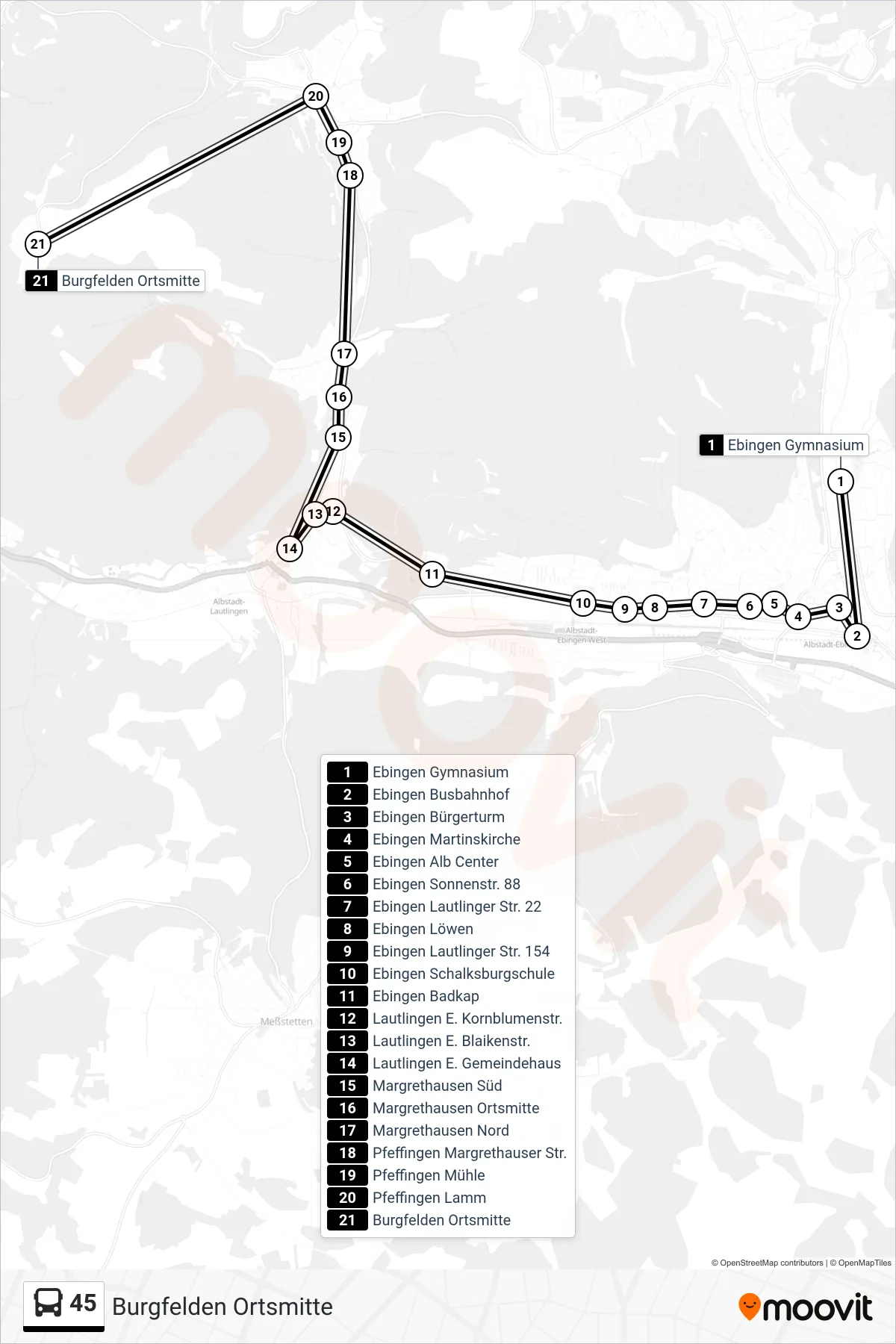 45 bus Line (Burgfelden Ortsmitte) route and stops on a map