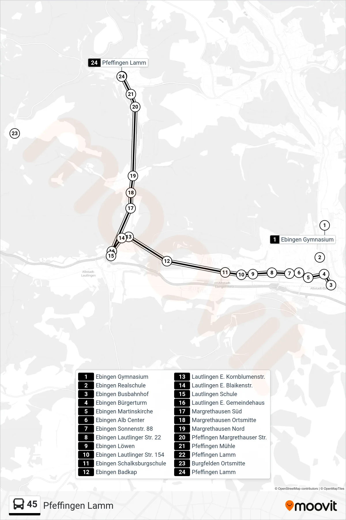 45 bus Line (Pfeffingen Lamm) route and stops on a map