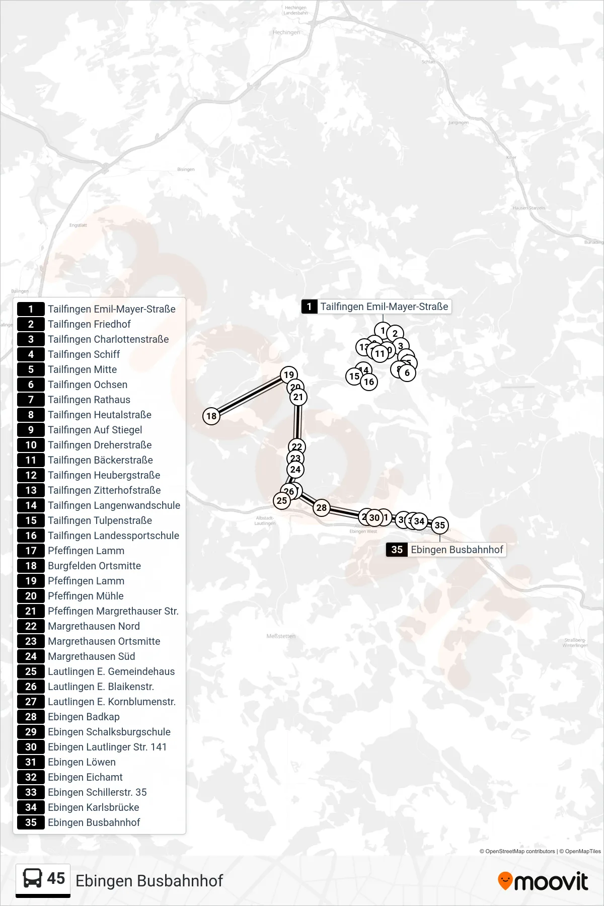 Linie 45 (Bus) Richtung Ebingen Busbahnhof: Route und Haltestellen auf der Karte
