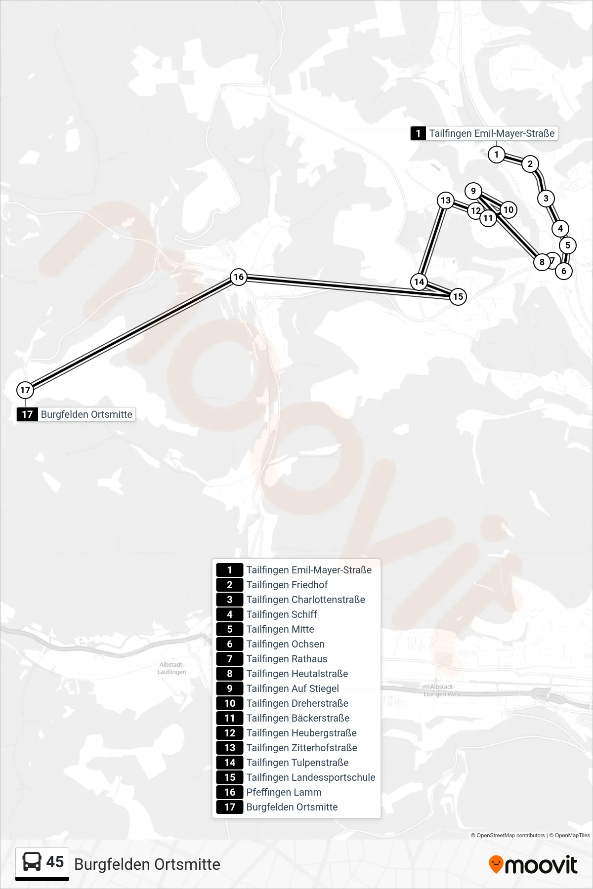 45 bus Line (Burgfelden Ortsmitte) route and stops on a map