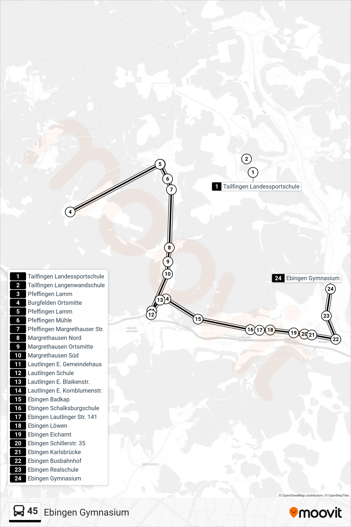45 bus Line (Ebingen Gymnasium) route and stops on a map
