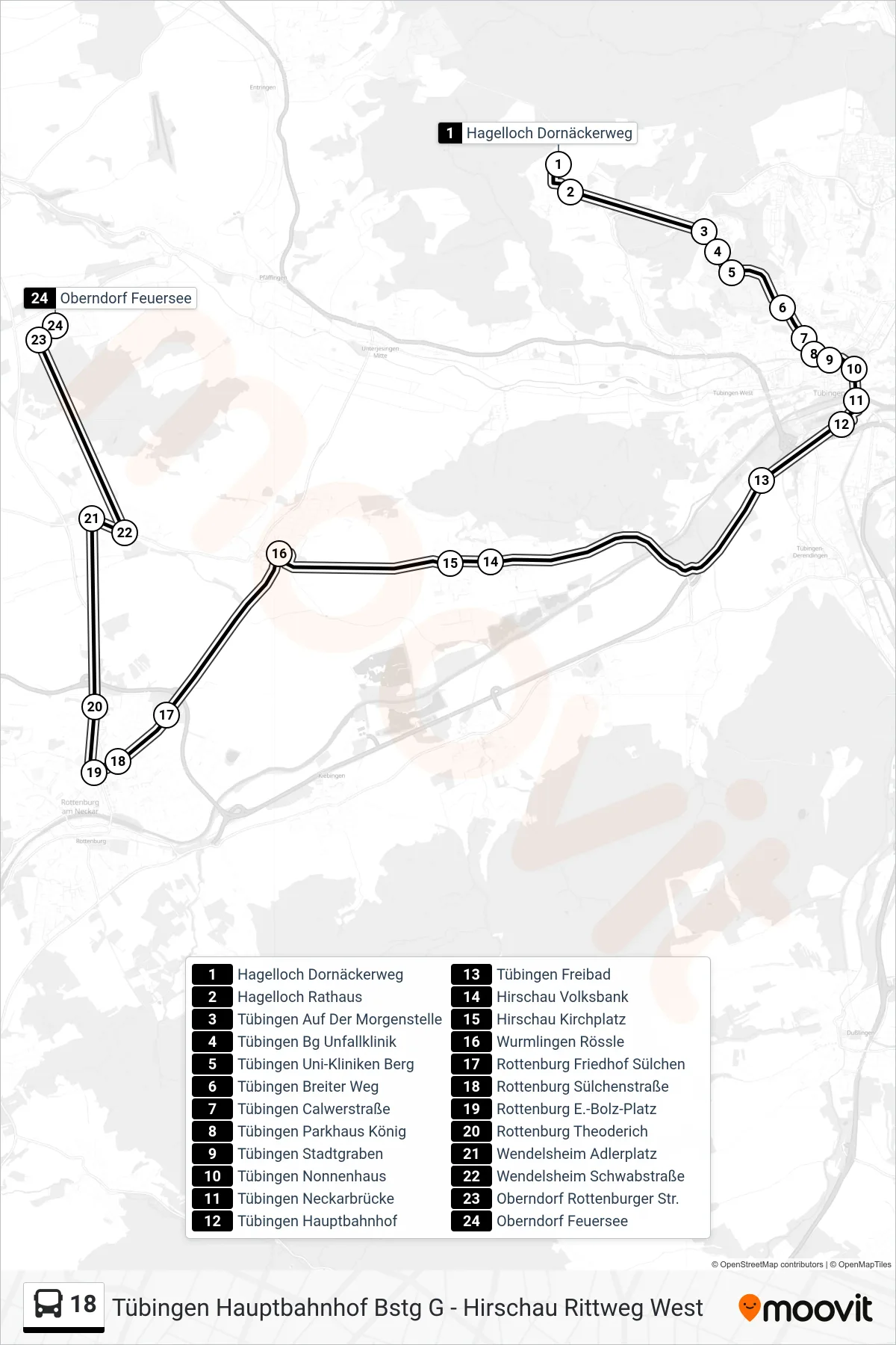 18 bus Line (Oberndorf Feuersee) route and stops on a map