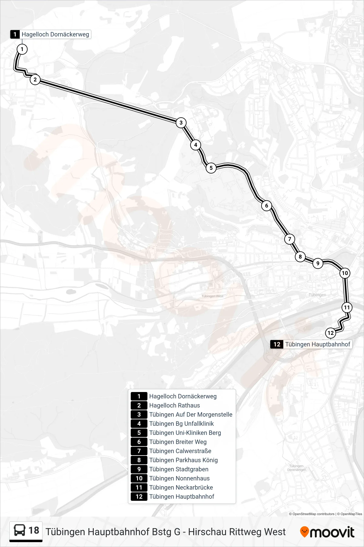 18 bus Line (Tübingen Hauptbahnhof) route and stops on a map